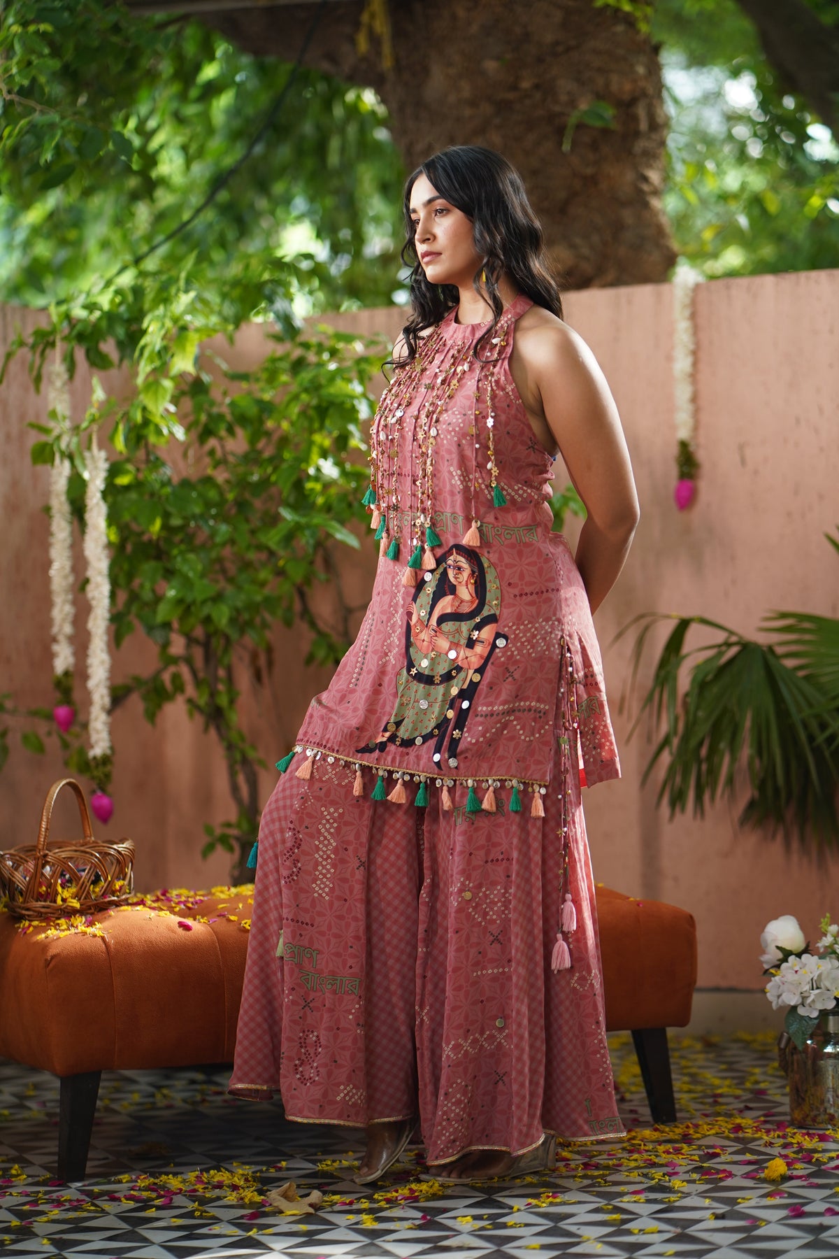 Peach Kalighat Indian Print Kurta With Sharara - Charkha TalesPeach Kalighat Indian Print Kurta With Sharara