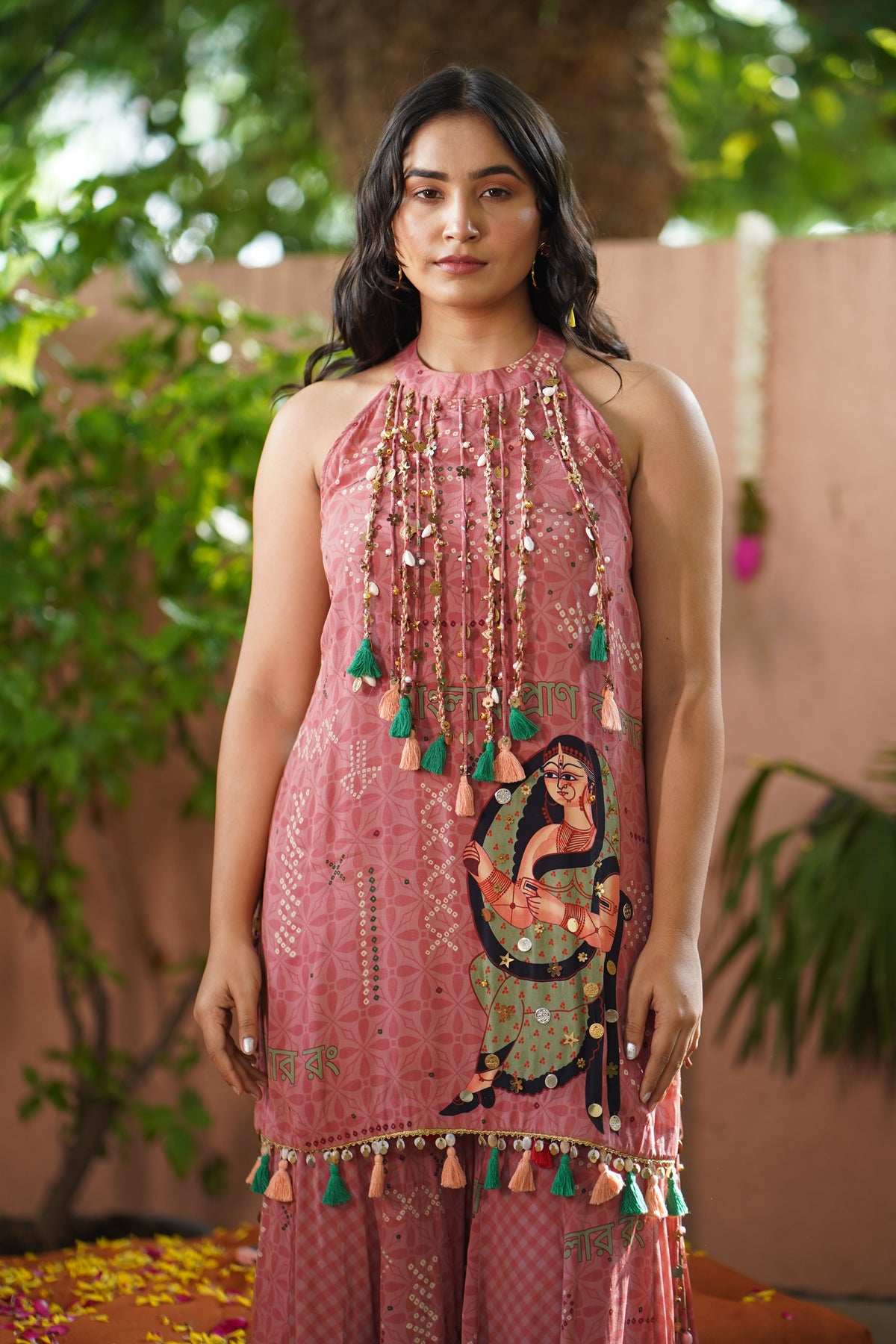 Peach Kalighat Indian Print Kurta With Sharara - Charkha TalesPeach Kalighat Indian Print Kurta With Sharara