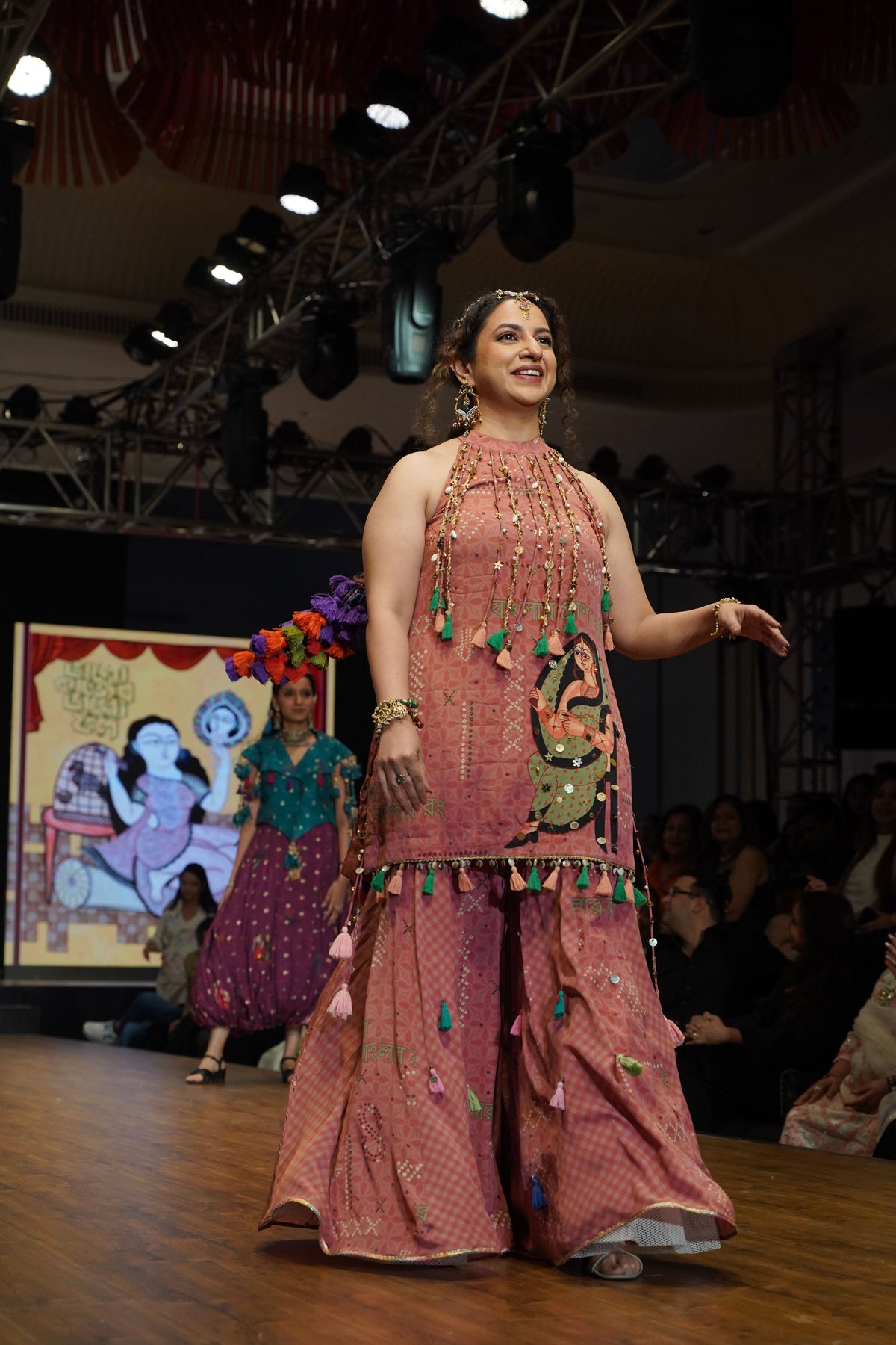Peach Kalighat Indian Print Kurta With Sharara - Charkha TalesPeach Kalighat Indian Print Kurta With Sharara