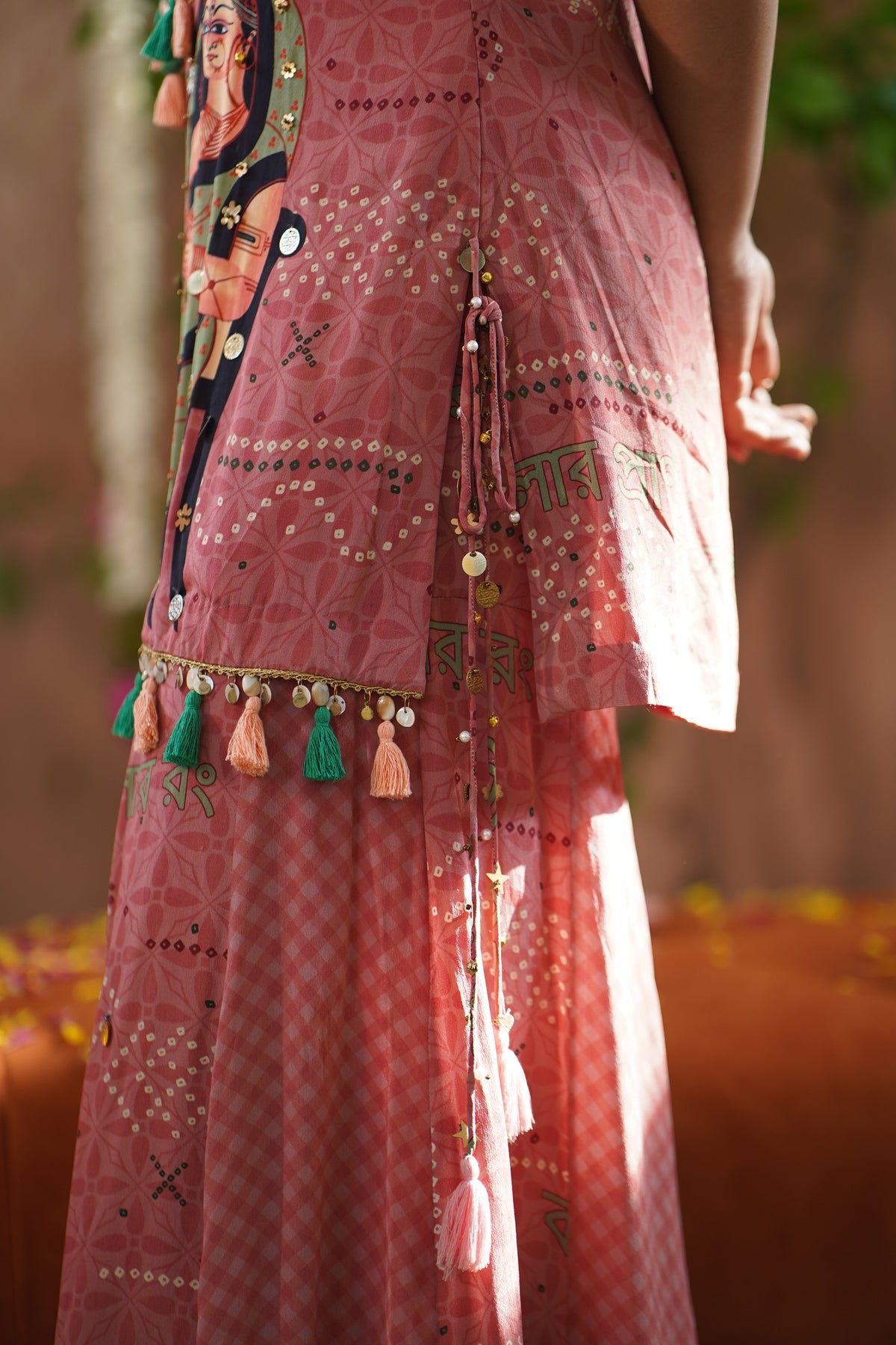 Peach Kalighat Indian Print Kurta With Sharara - Charkha TalesPeach Kalighat Indian Print Kurta With Sharara