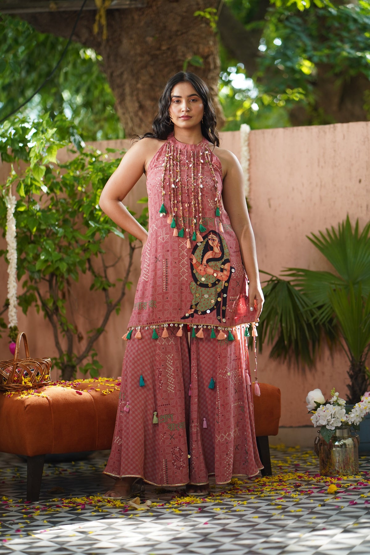 Peach Kalighat Indian Print Kurta With Sharara - Charkha TalesPeach Kalighat Indian Print Kurta With Sharara