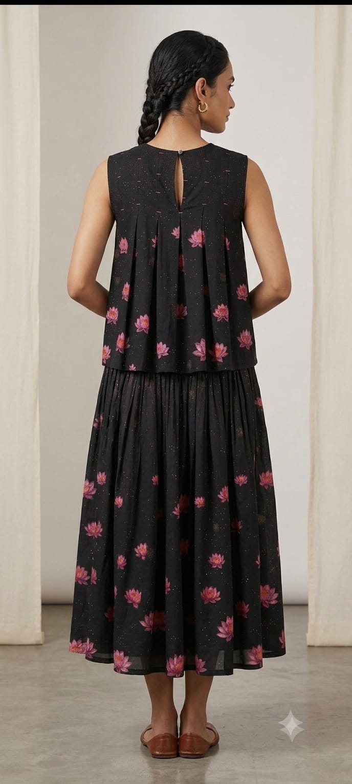 Printed Women Top With Skirt - Black - Charkha TalesPrinted Women Top With Skirt - Black