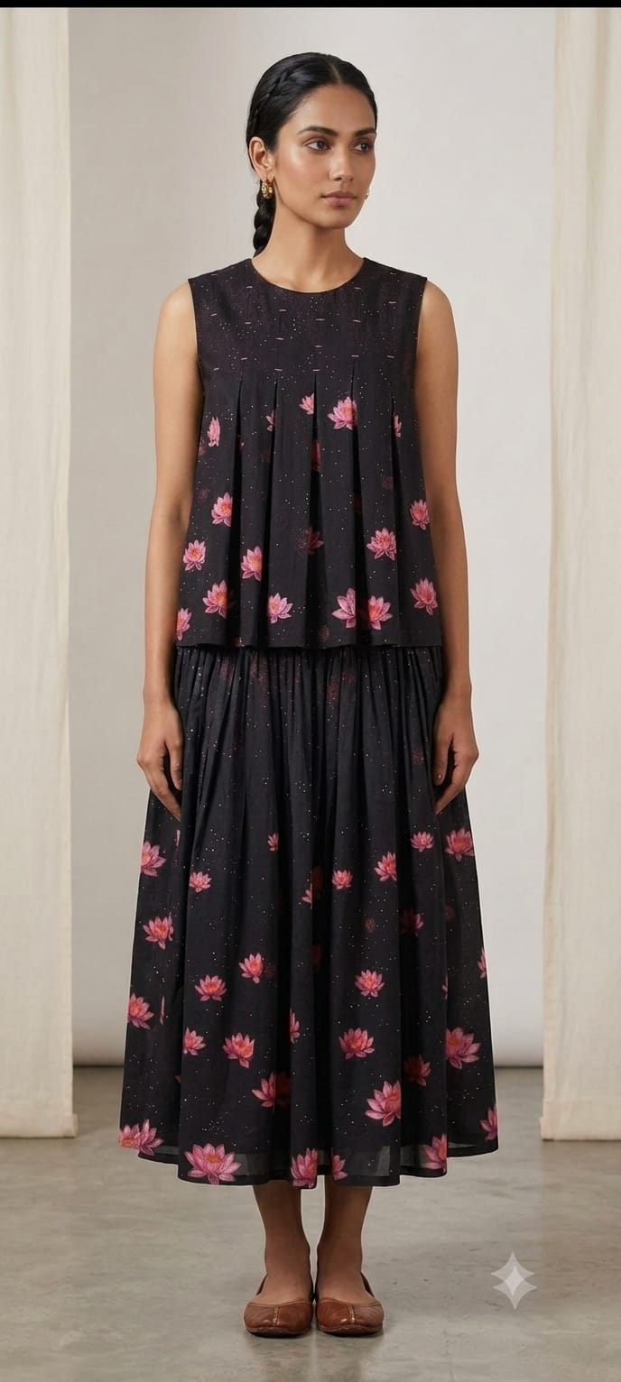 Printed Women Top With Skirt - Black - Charkha TalesPrinted Women Top With Skirt - Black