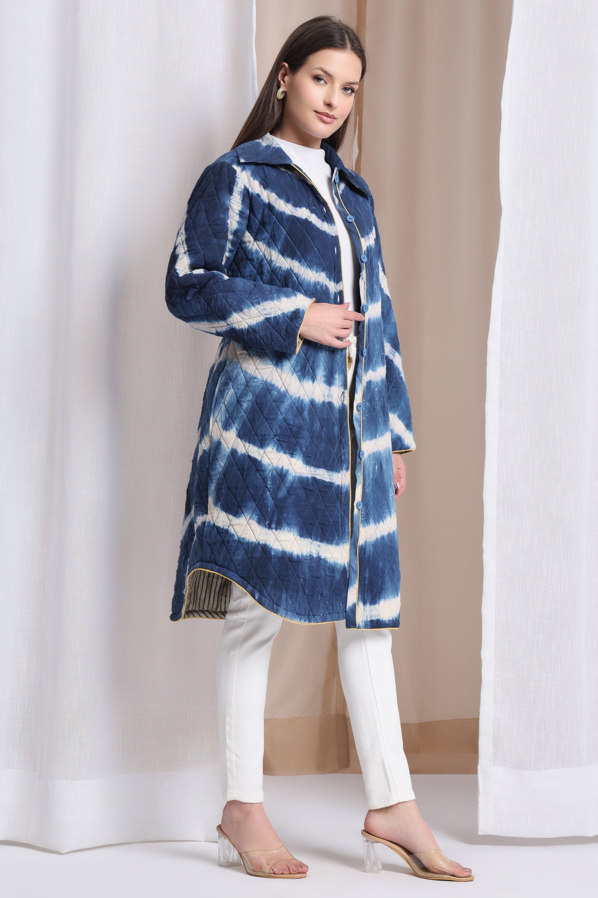 Quilted Winted Long Coat - Blue - Charkha TalesQuilted Winted Long Coat - Blue