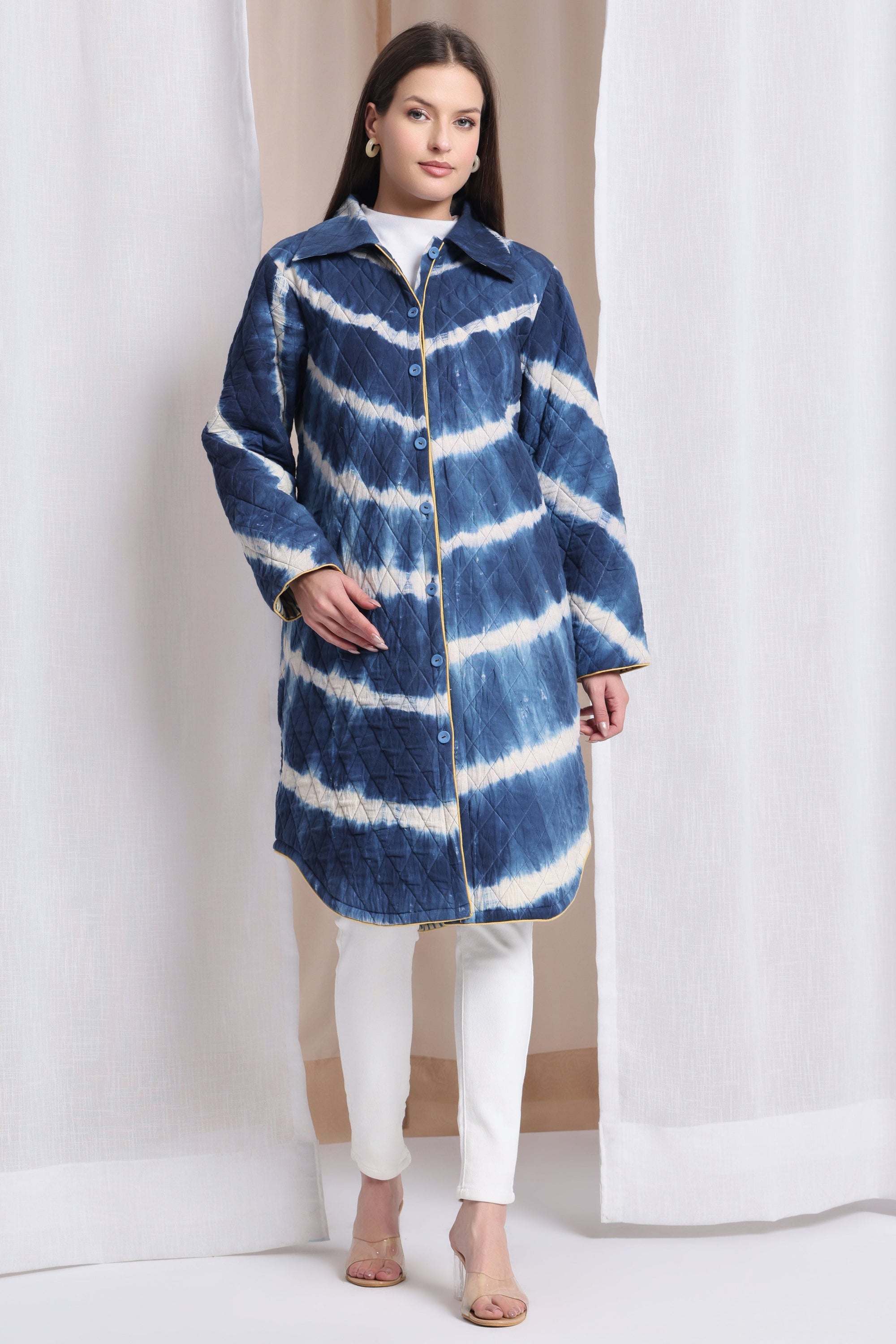Quilted Winted Long Coat - Blue - Charkha TalesQuilted Winted Long Coat - Blue