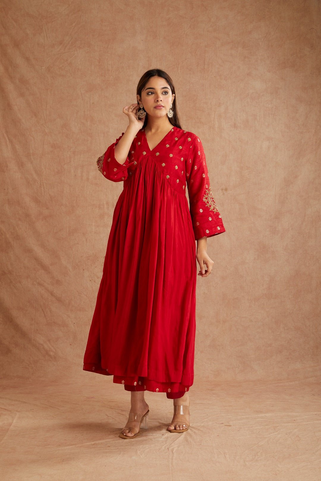 Red Banarasi Cotton Silk Kurta Set - Charkha TalesRed Banarasi Cotton Silk Kurta Set