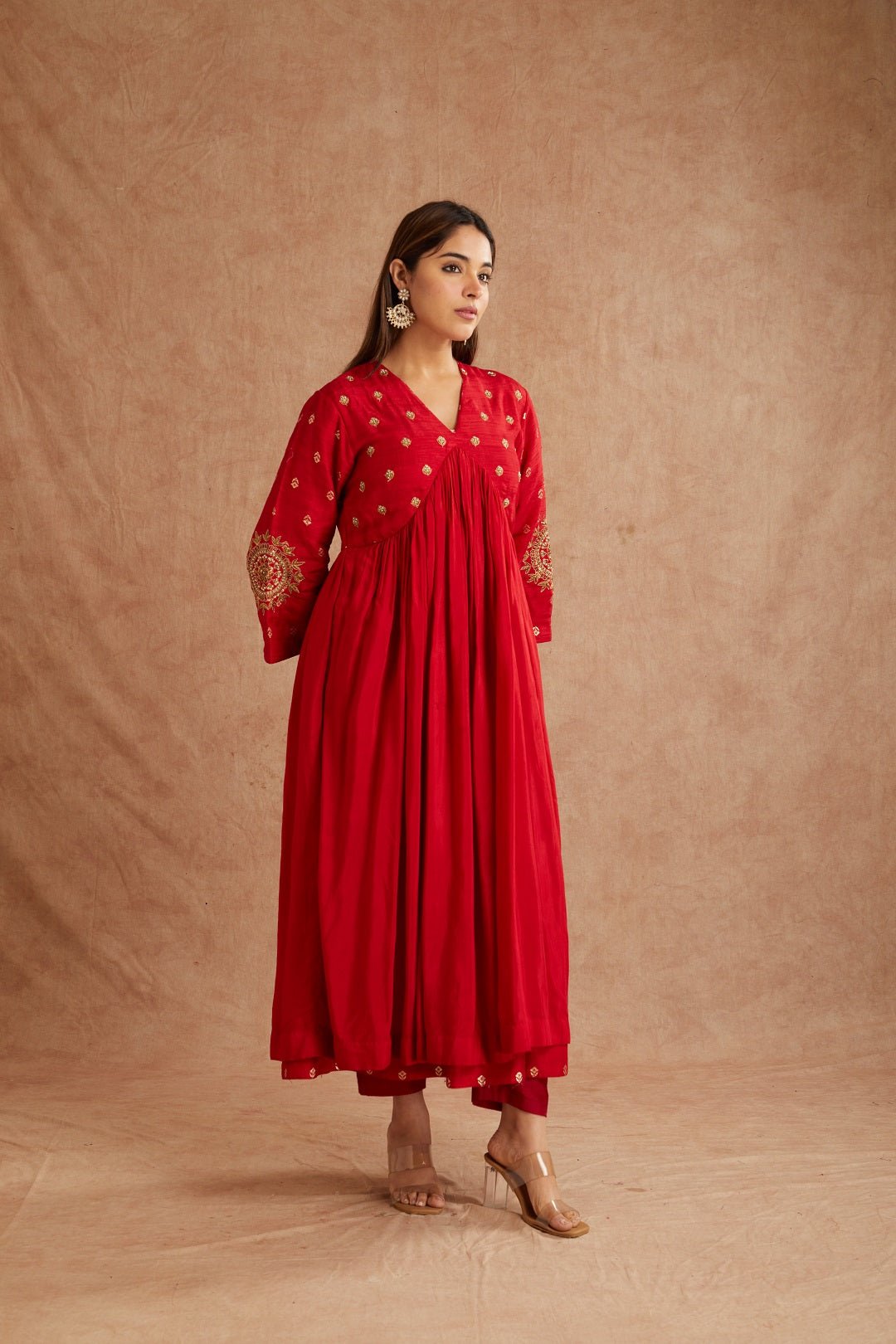 Red Banarasi Cotton Silk Kurta Set - Charkha TalesRed Banarasi Cotton Silk Kurta Set