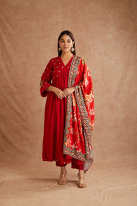 Red Banarasi Cotton Silk Kurta Set