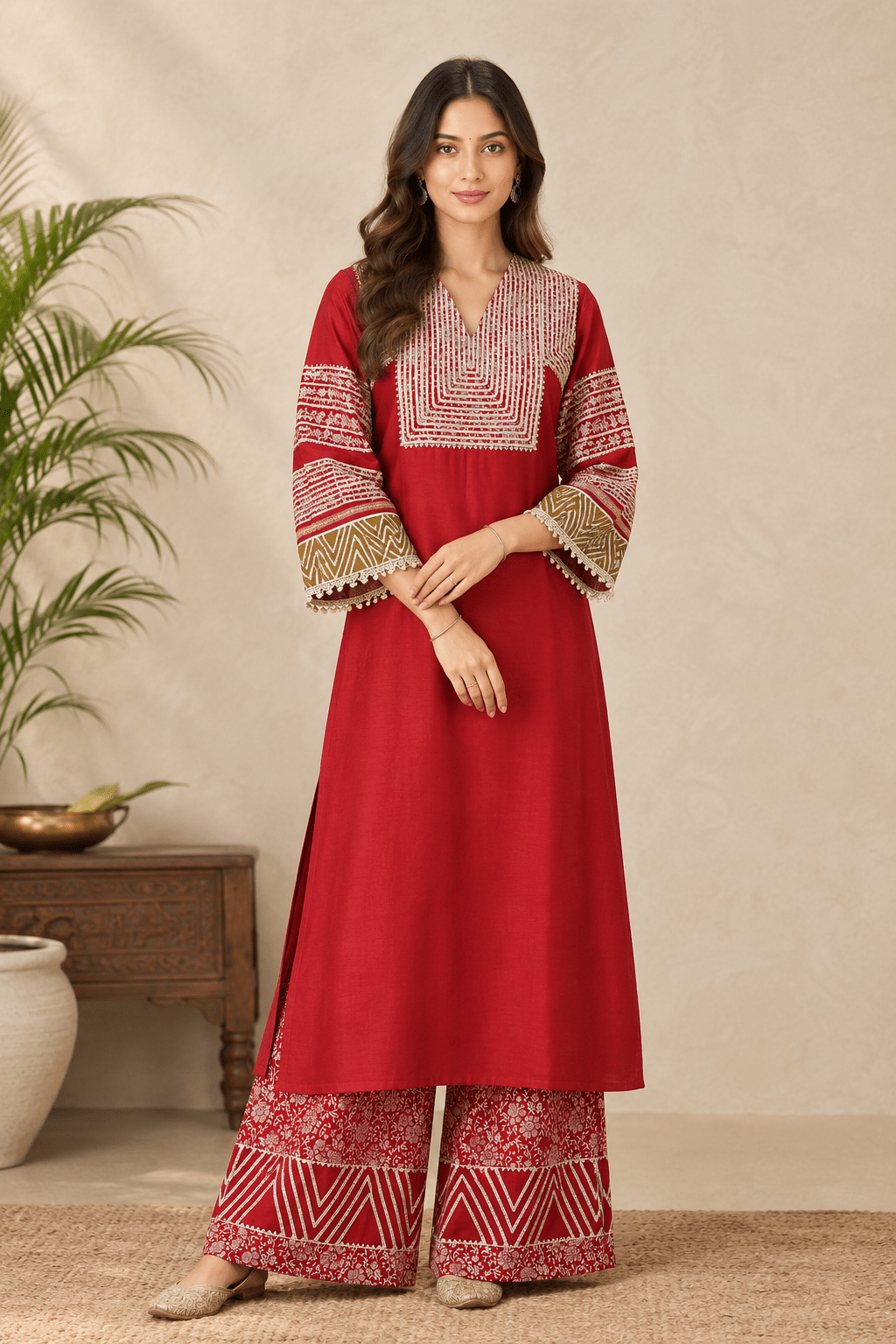 Red Gotta Banarasi Kurta set - Charkha TalesRed Gotta Banarasi Kurta set