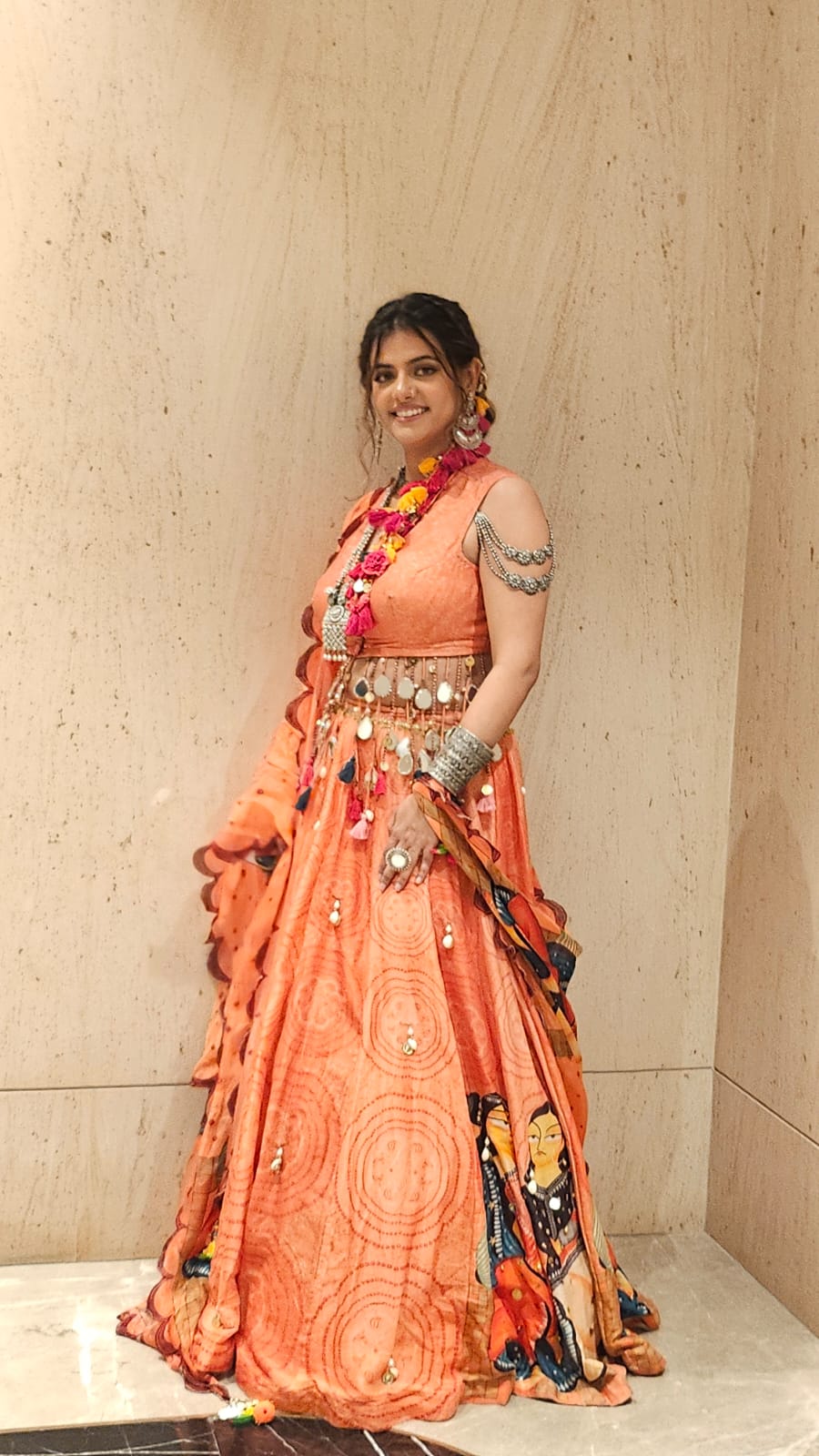 Rust Orange Kalighat Print Chanderi Lehenga - Charkha TalesRust Orange Kalighat Print Chanderi Lehenga