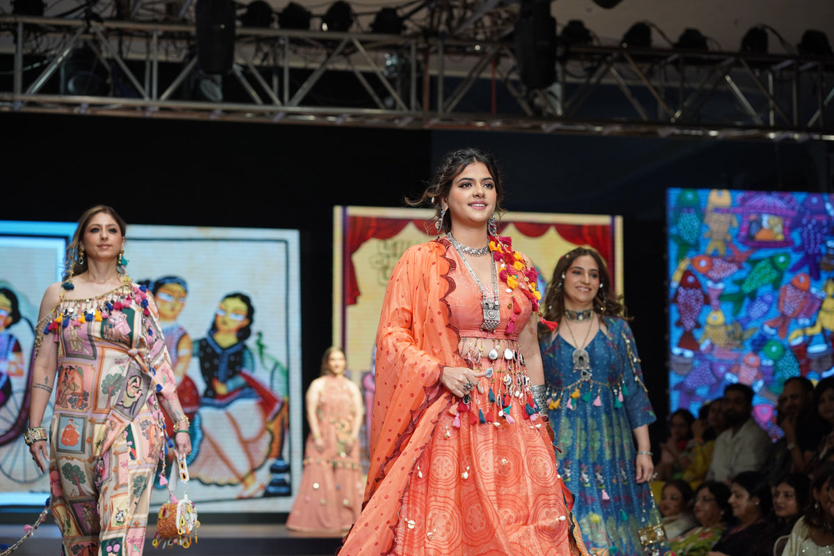 Rust Orange Kalighat Print Chanderi Lehenga - Charkha TalesRust Orange Kalighat Print Chanderi Lehenga