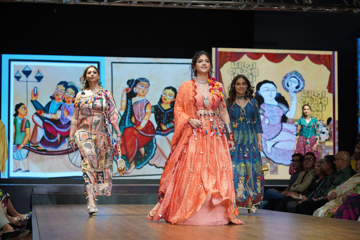Rust Orange Kalighat Print Chanderi Lehenga - Charkha TalesRust Orange Kalighat Print Chanderi Lehenga