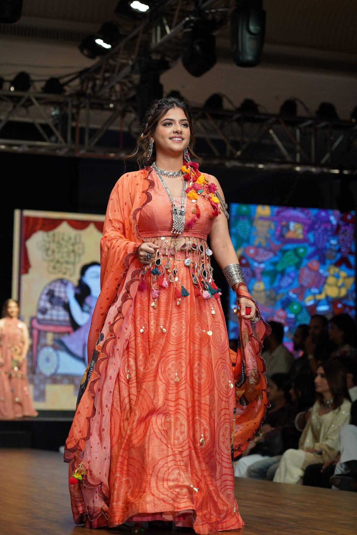Rust Orange Kalighat Print Chanderi Lehenga - Charkha TalesRust Orange Kalighat Print Chanderi Lehenga