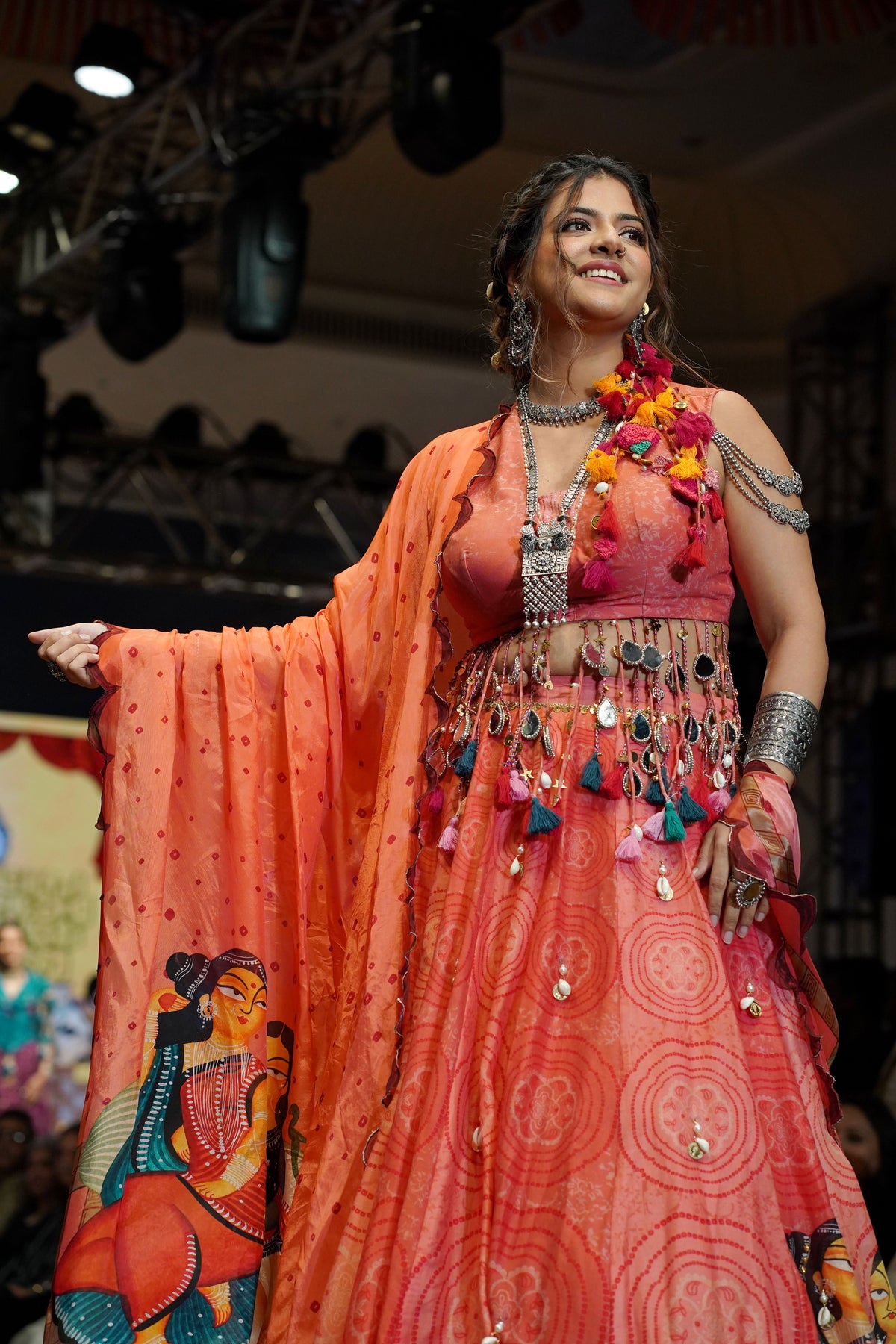 Rust Orange Kalighat Print Chanderi Lehenga - Charkha TalesRust Orange Kalighat Print Chanderi Lehenga