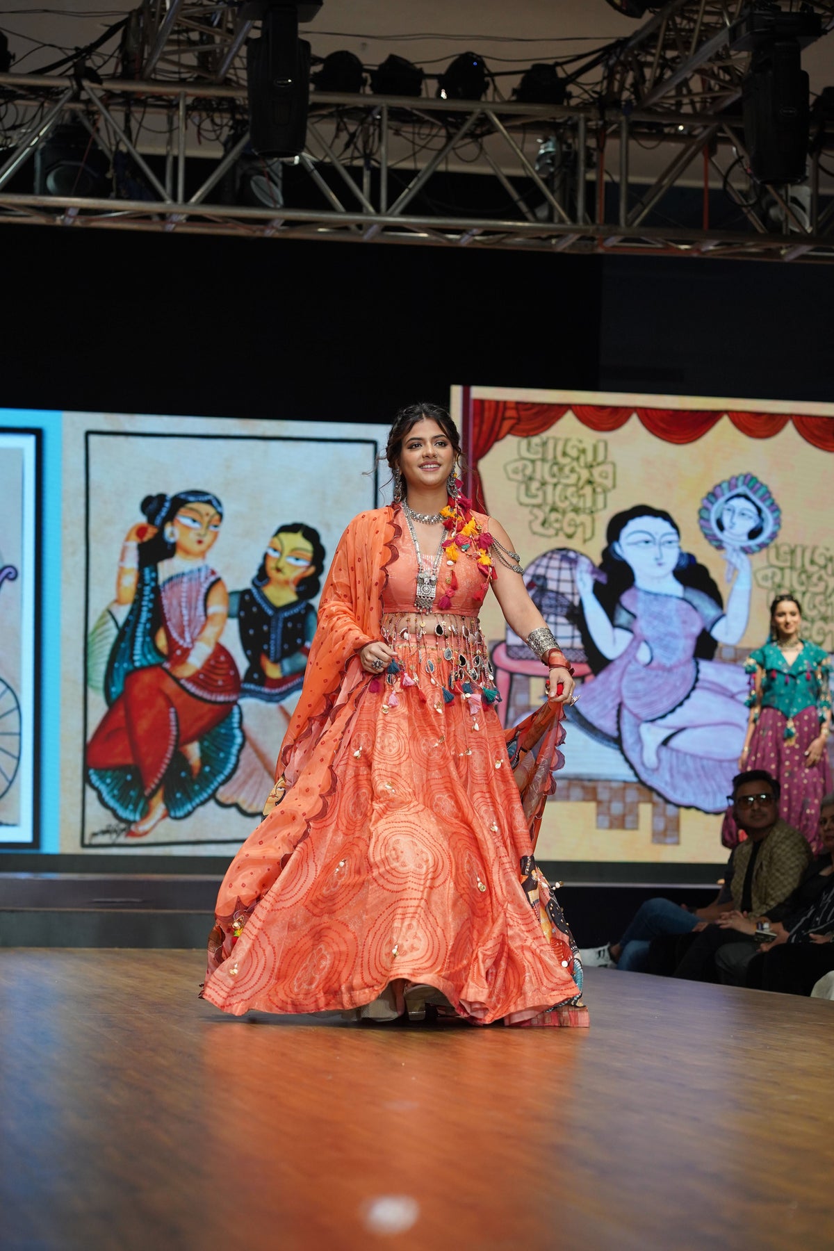 Rust Orange Kalighat Print Chanderi Lehenga - Charkha TalesRust Orange Kalighat Print Chanderi Lehenga