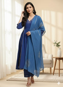 Sequin Work Chanderi Kurta Set - Ink Blue