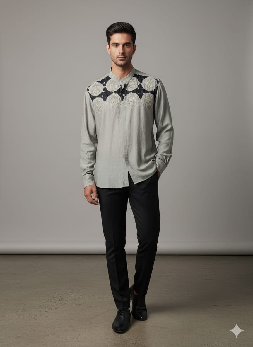 Silk Party Wear Men Shirt - Grey - Charkha TalesSilk Party Wear Men Shirt - Grey