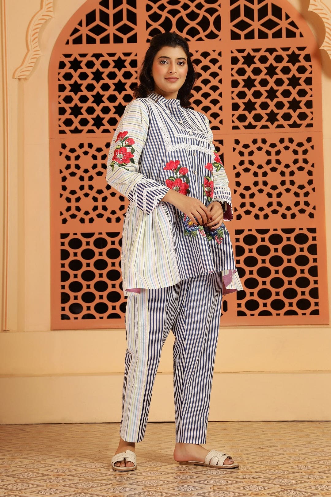 Stripe Digital Printed Co - ord Set - Blue - Charkha TalesStripe Digital Printed Co - ord Set - Blue