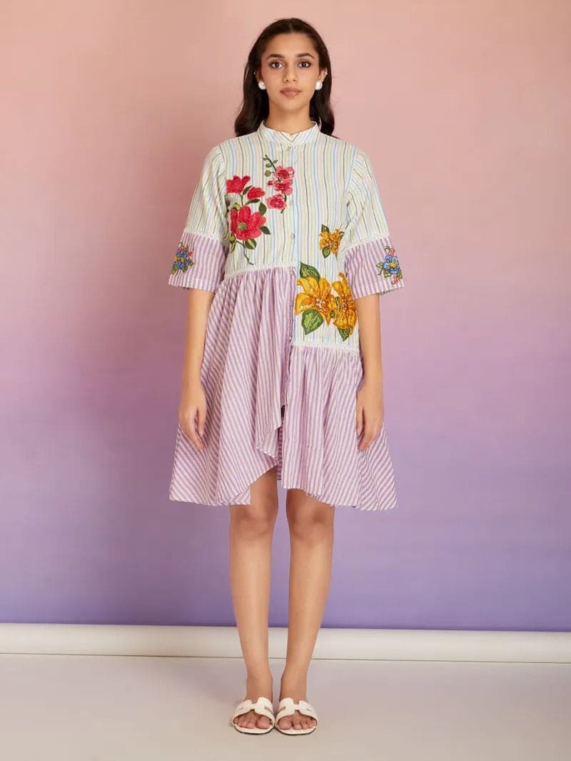 Striped Cotton Patch Work Dress - Multicolor - Charkha TalesStriped Cotton Patch Work Dress - Multicolor