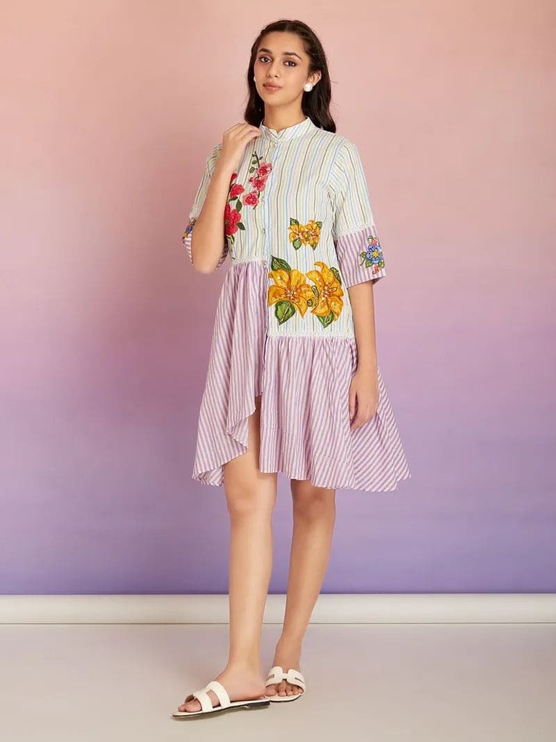 Striped Cotton Patch Work Dress - Multicolor - Charkha TalesStriped Cotton Patch Work Dress - Multicolor