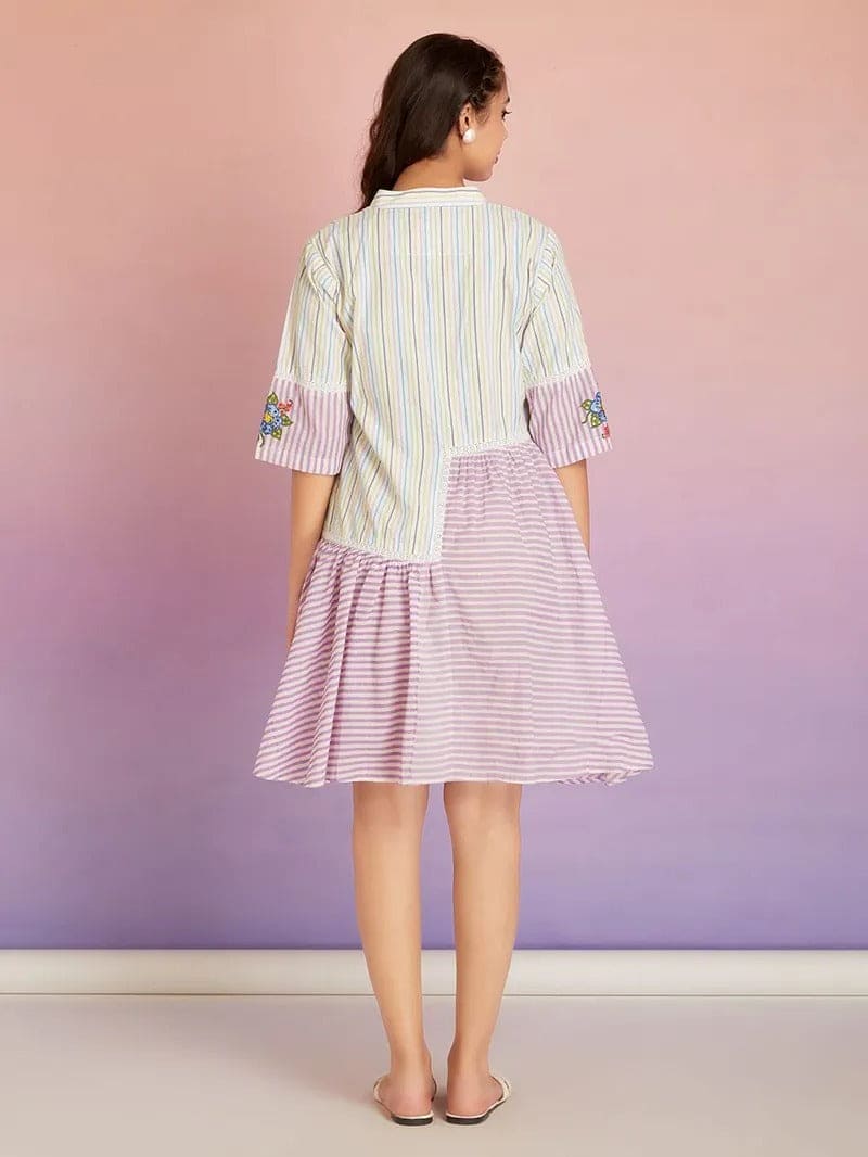 Striped Cotton Patch Work Dress - Multicolor - Charkha TalesStriped Cotton Patch Work Dress - Multicolor