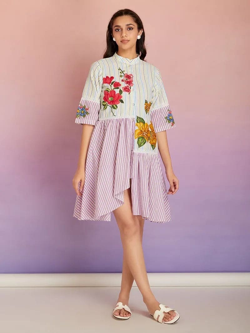 Striped Cotton Patch Work Dress - Multicolor - Charkha TalesStriped Cotton Patch Work Dress - Multicolor