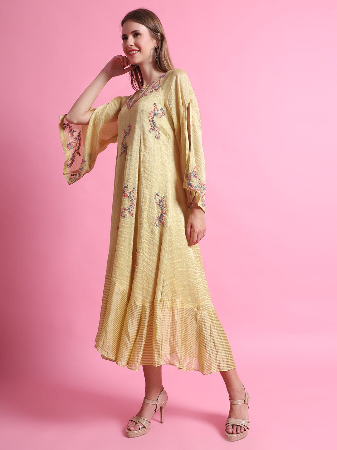 Stripes Chanderi Dress - Yellow - Charkha TalesStripes Chanderi Dress - Yellow