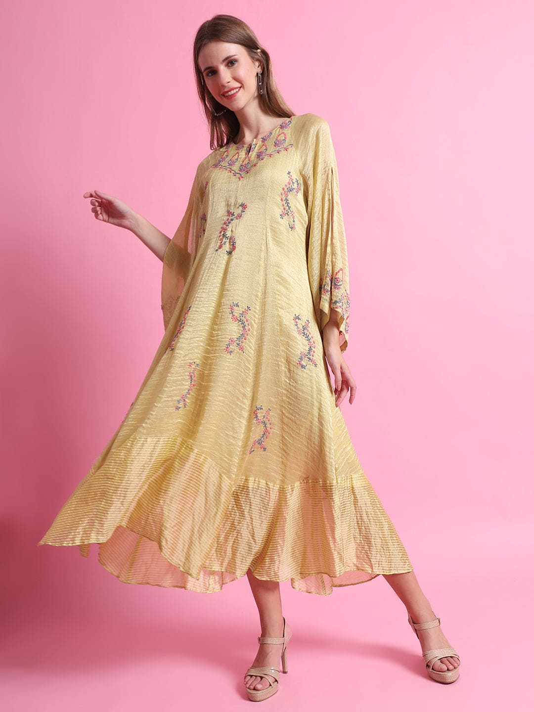 Stripes Chanderi Dress - Yellow - Charkha TalesStripes Chanderi Dress - Yellow