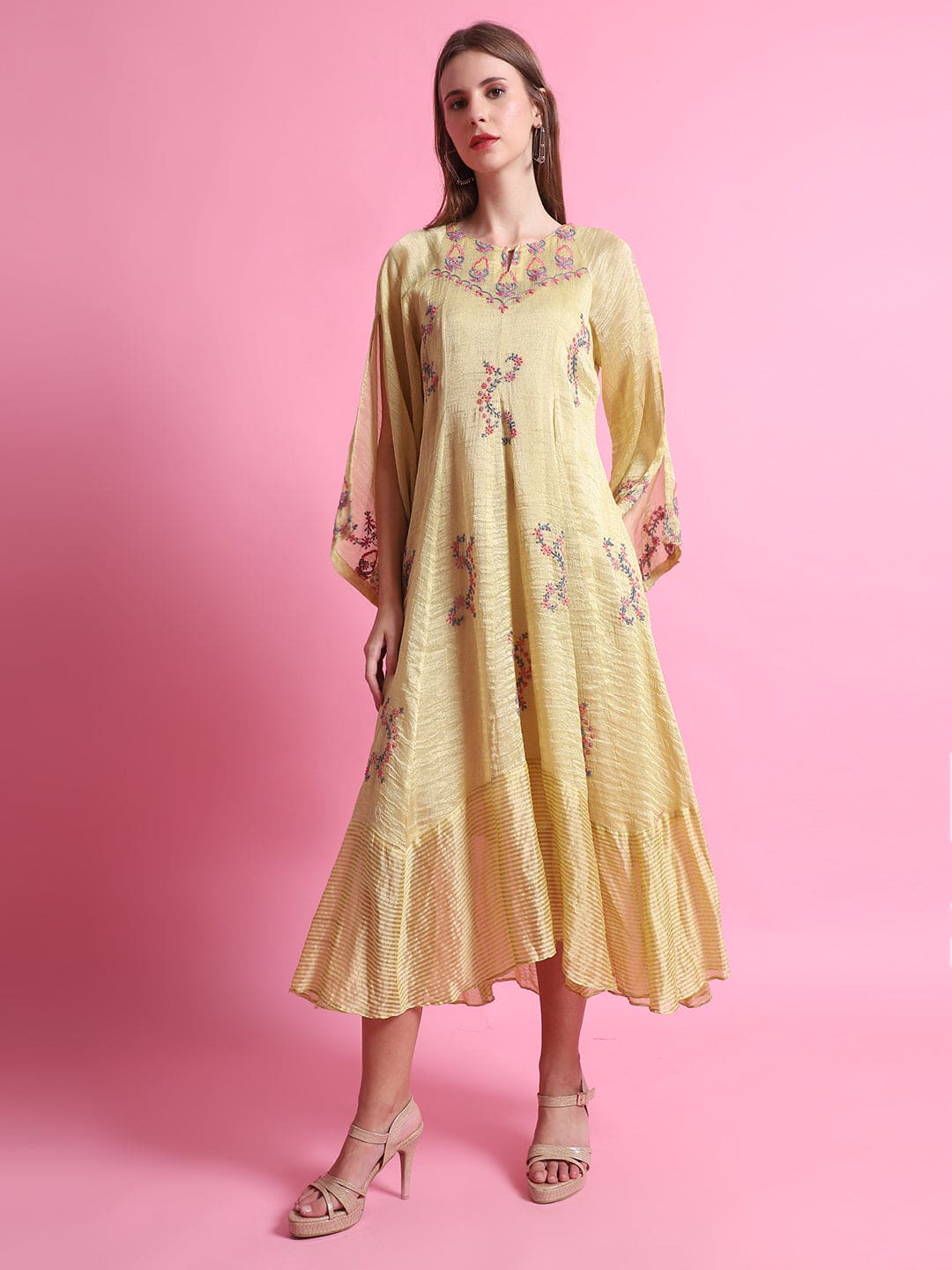 Stripes Chanderi Dress - Yellow - Charkha TalesStripes Chanderi Dress - Yellow