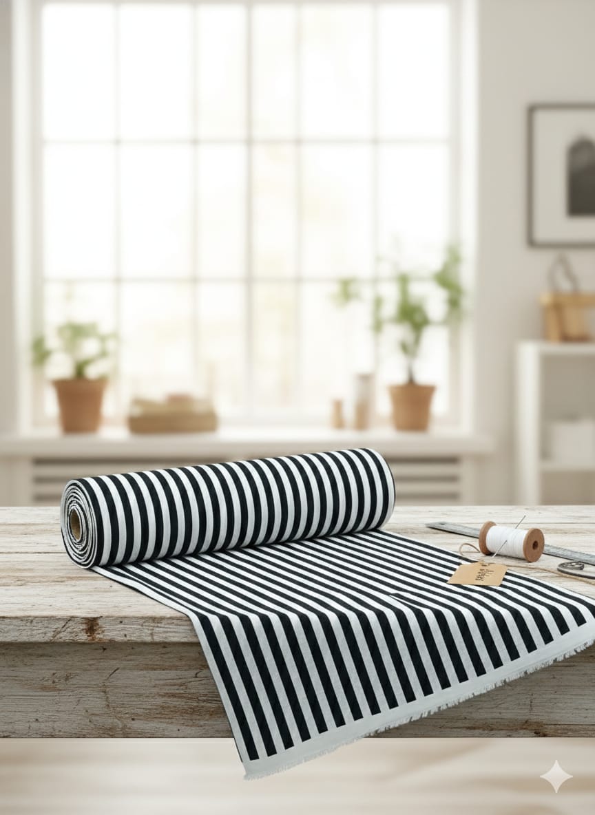 Stripes Cotton Fabric - Black - Charkha TalesStripes Cotton Fabric - Black