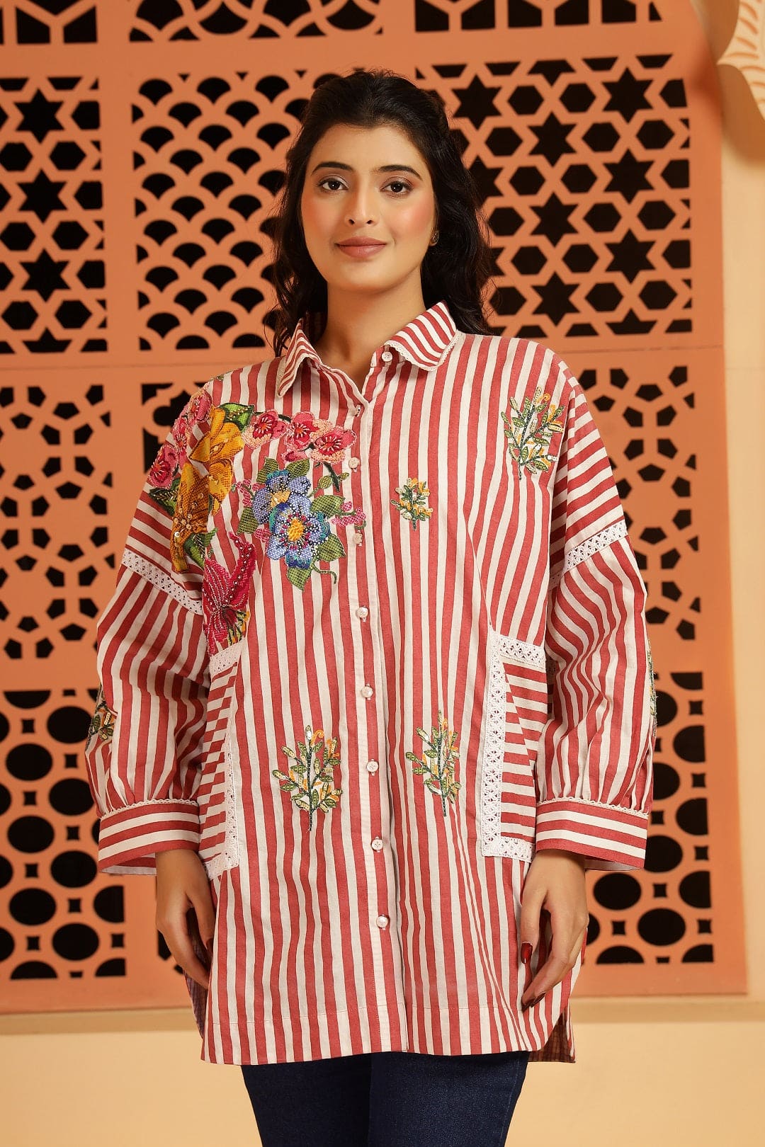 Stripes Digital Printed Women Shirt - Red - Charkha TalesStripes Digital Printed Women Shirt - Red