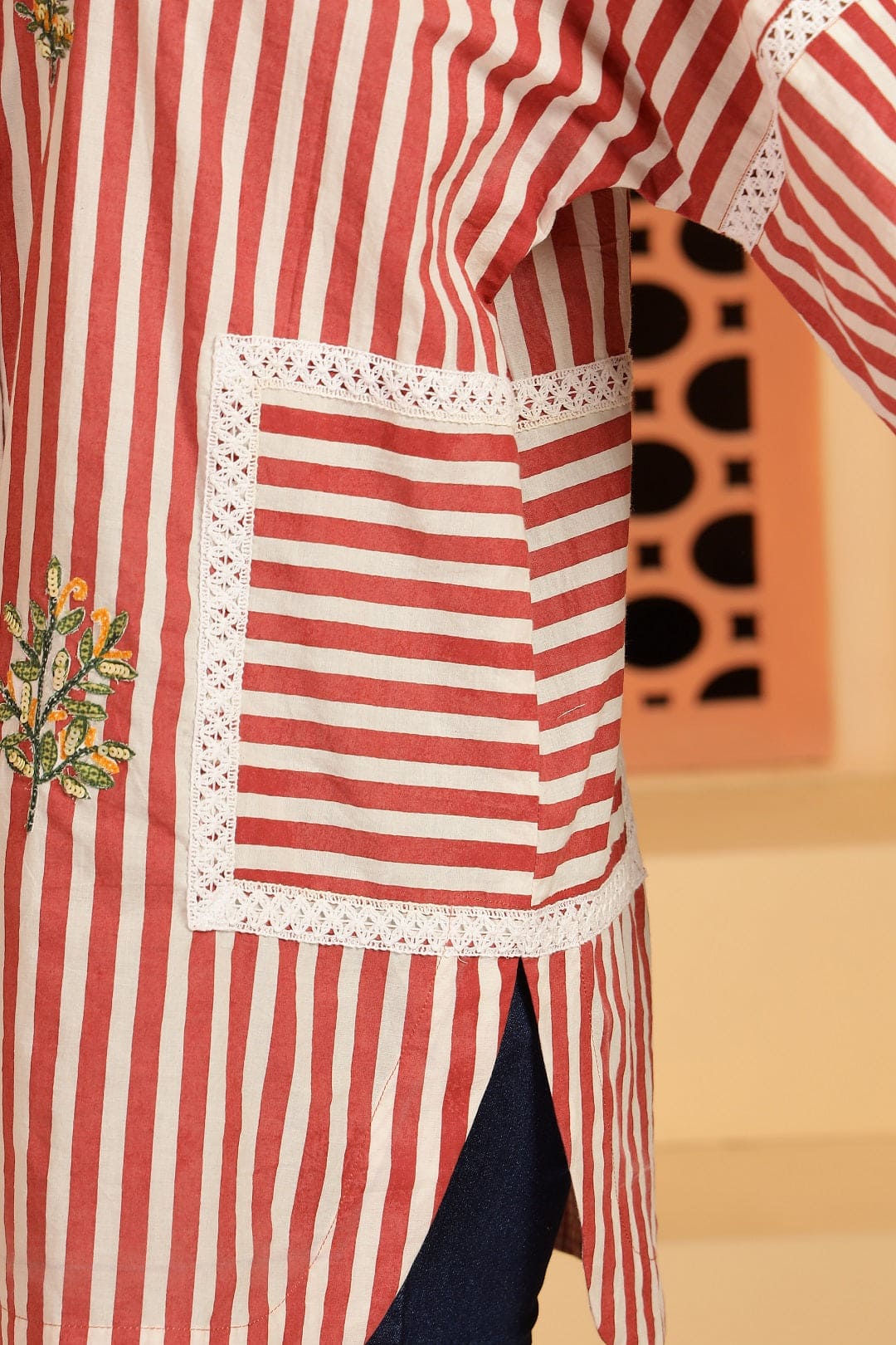 Stripes Digital Printed Women Shirt - Red - Charkha TalesStripes Digital Printed Women Shirt - Red