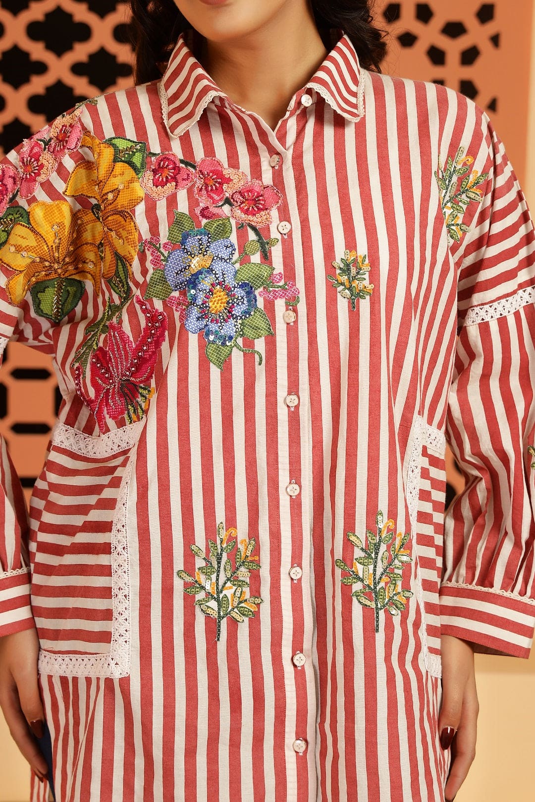 Stripes Digital Printed Women Shirt - Red - Charkha TalesStripes Digital Printed Women Shirt - Red