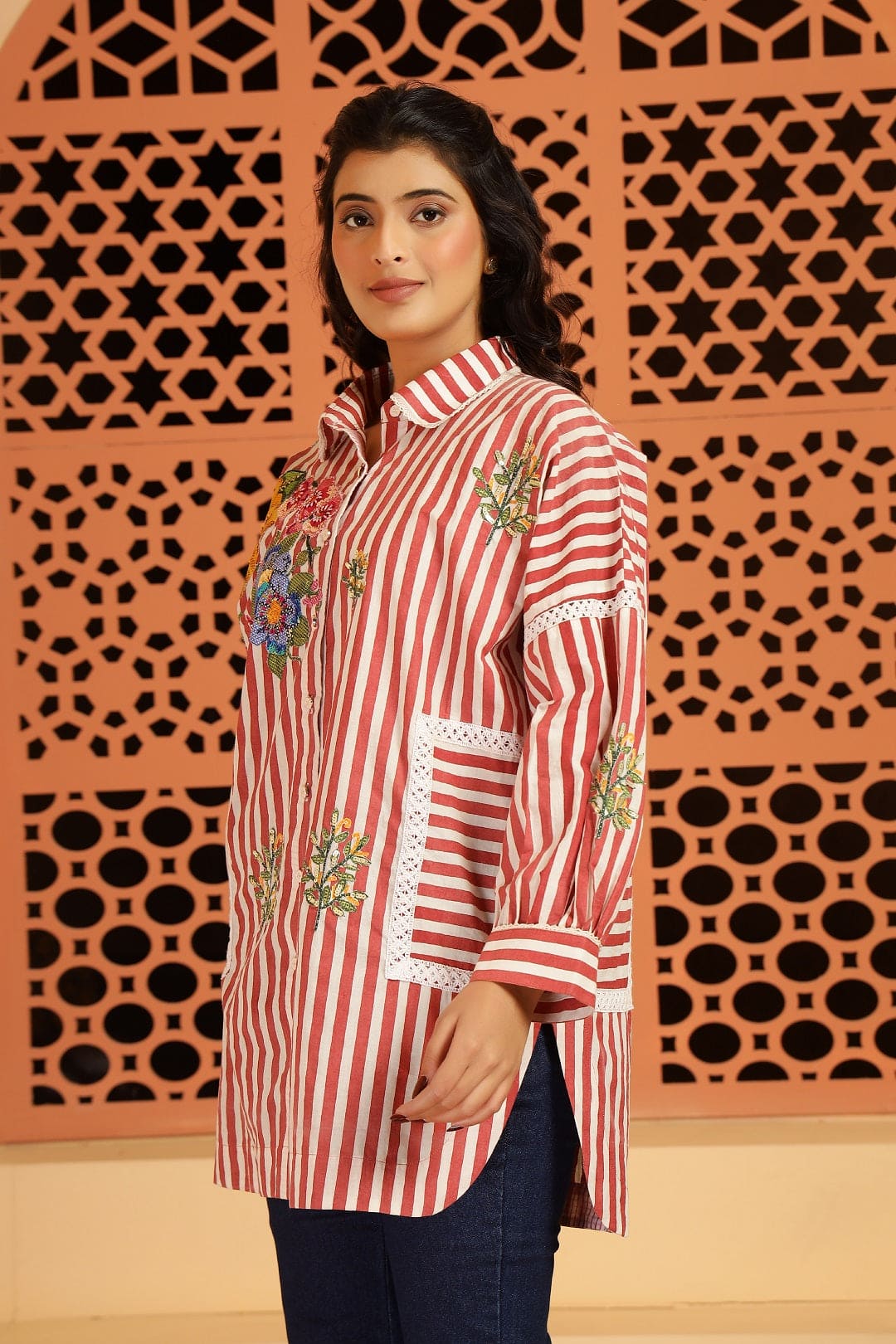 Stripes Digital Printed Women Shirt - Red - Charkha TalesStripes Digital Printed Women Shirt - Red