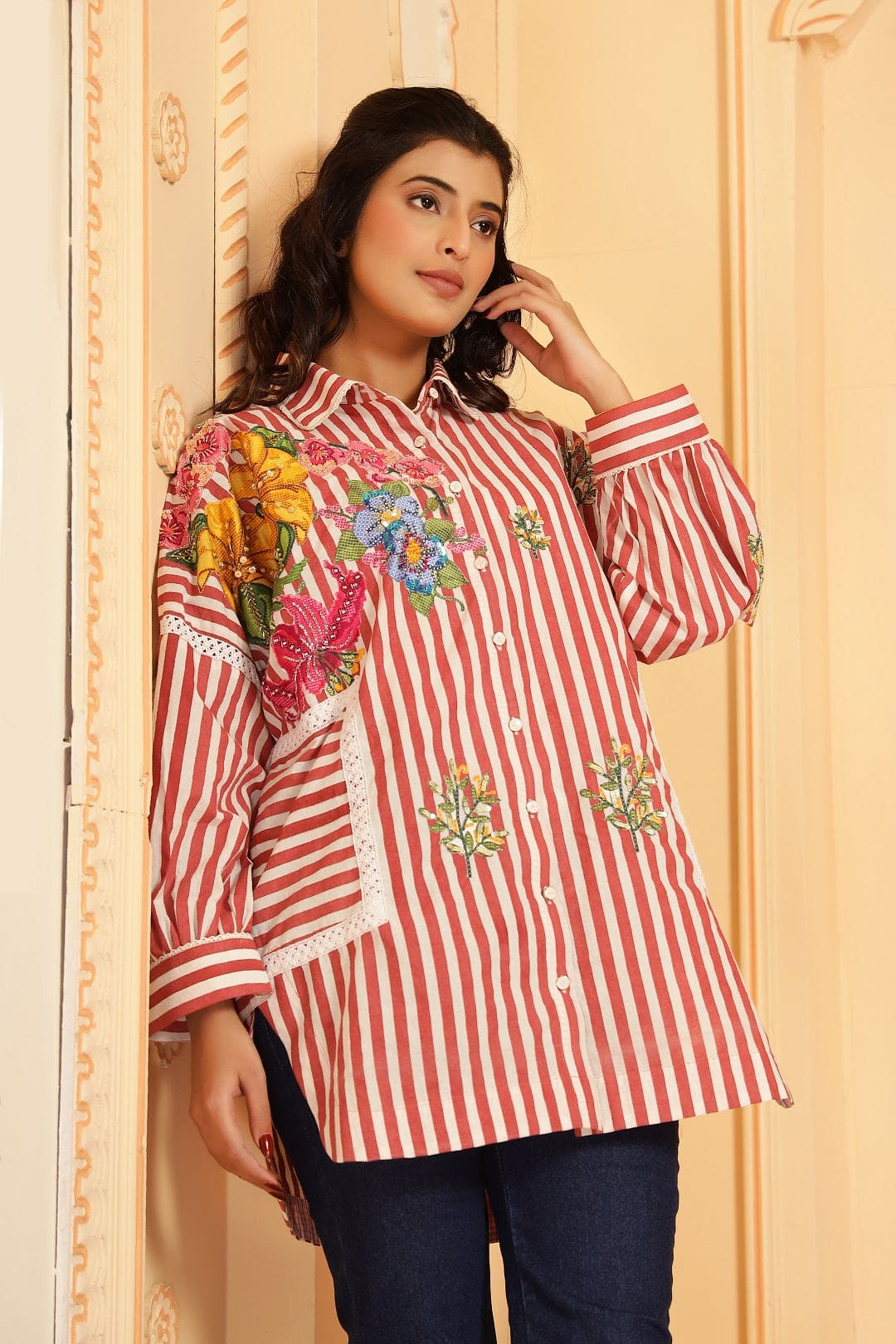 Stripes Digital Printed Women Shirt - Red - Charkha TalesStripes Digital Printed Women Shirt - Red