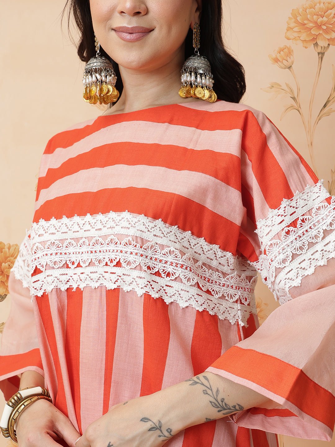 Stripes women Kurta Set - Peach - Charkha TalesStripes women Kurta Set - Peach