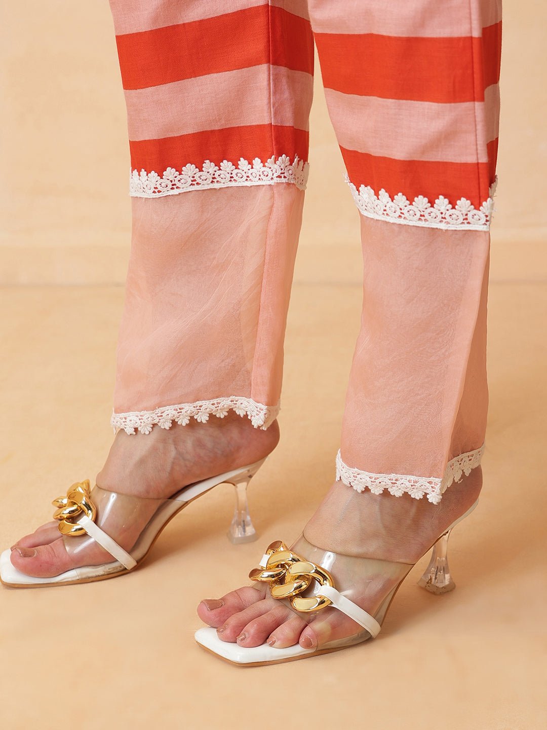 Stripes women Kurta Set - Peach - Charkha TalesStripes women Kurta Set - Peach