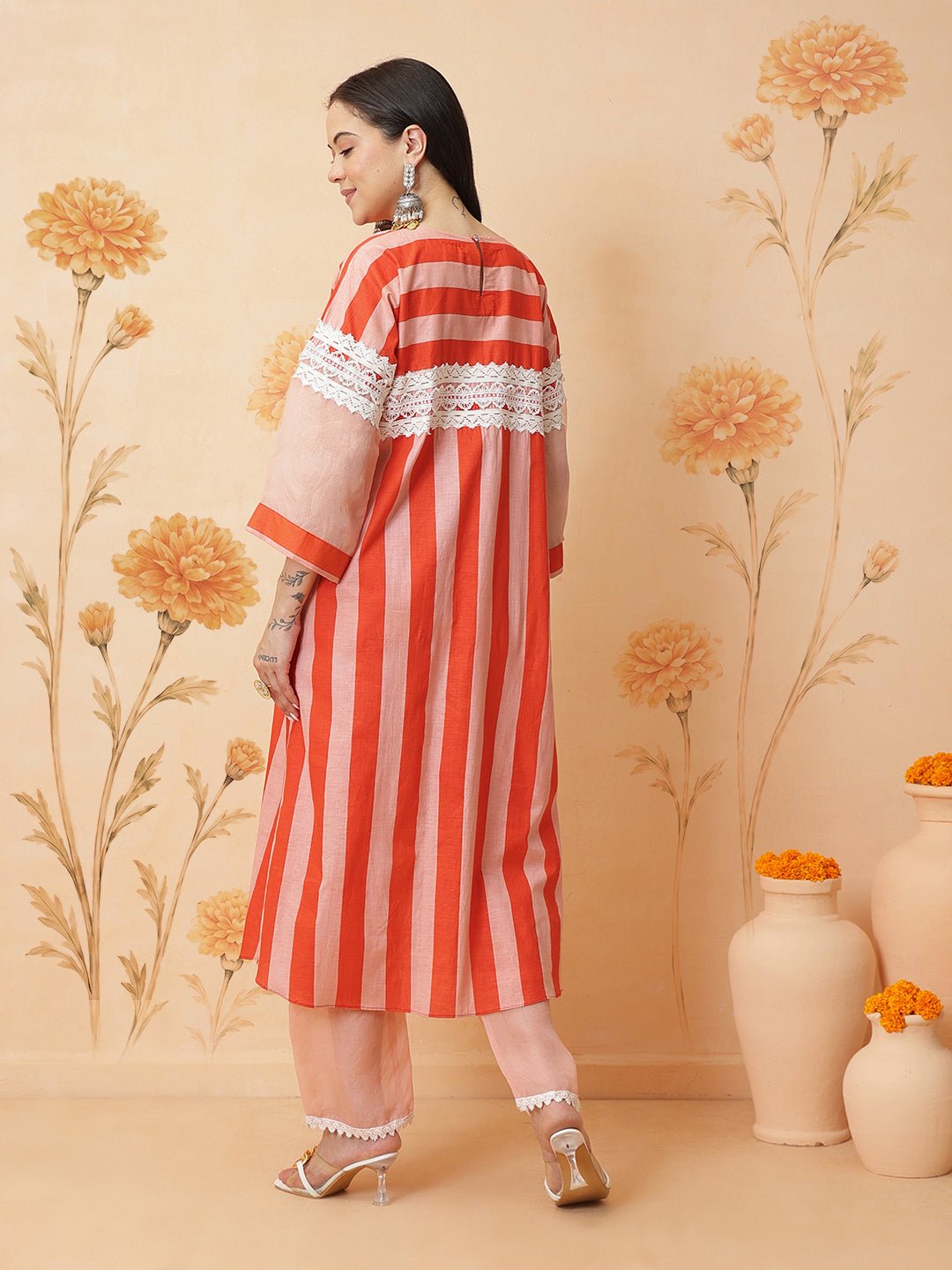 Stripes women Kurta Set - Peach - Charkha TalesStripes women Kurta Set - Peach