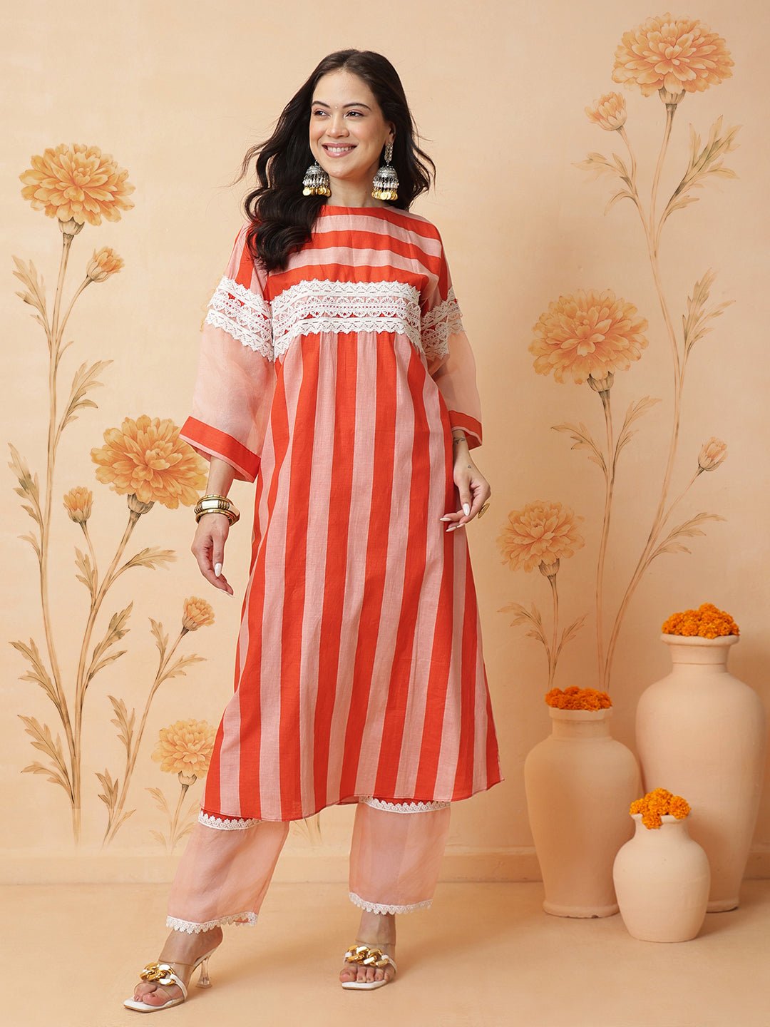 Stripes women Kurta Set - Peach - Charkha TalesStripes women Kurta Set - Peach