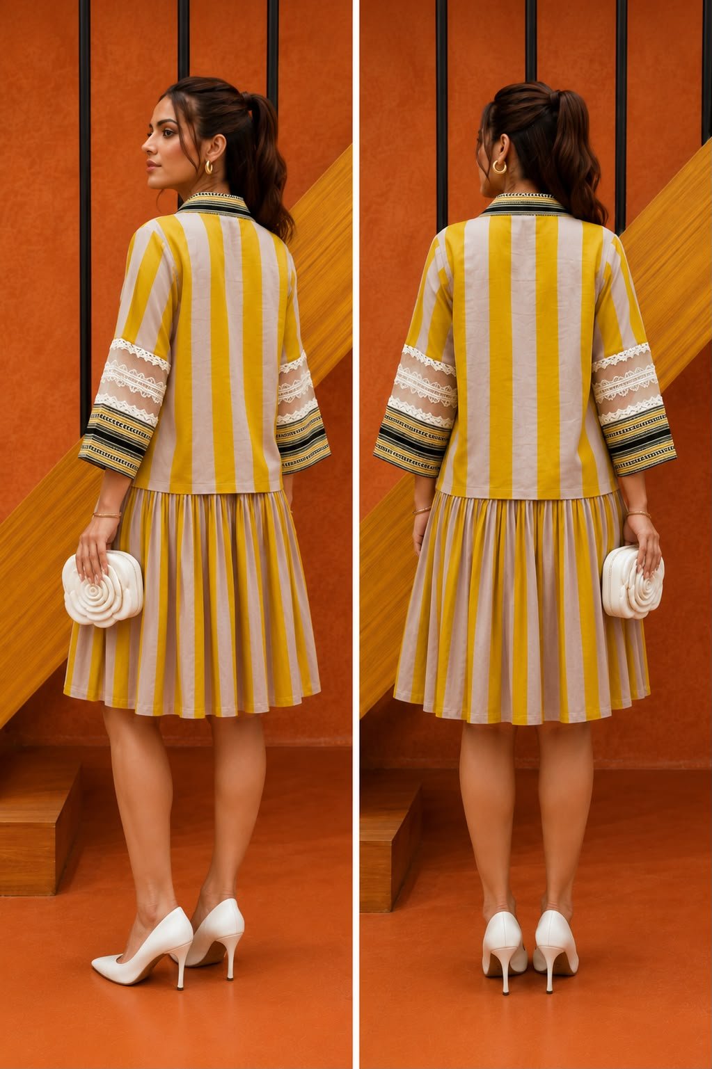 Stripes Women Top With Skirt - Yellow - Charkha TalesStripes Women Top With Skirt - Yellow