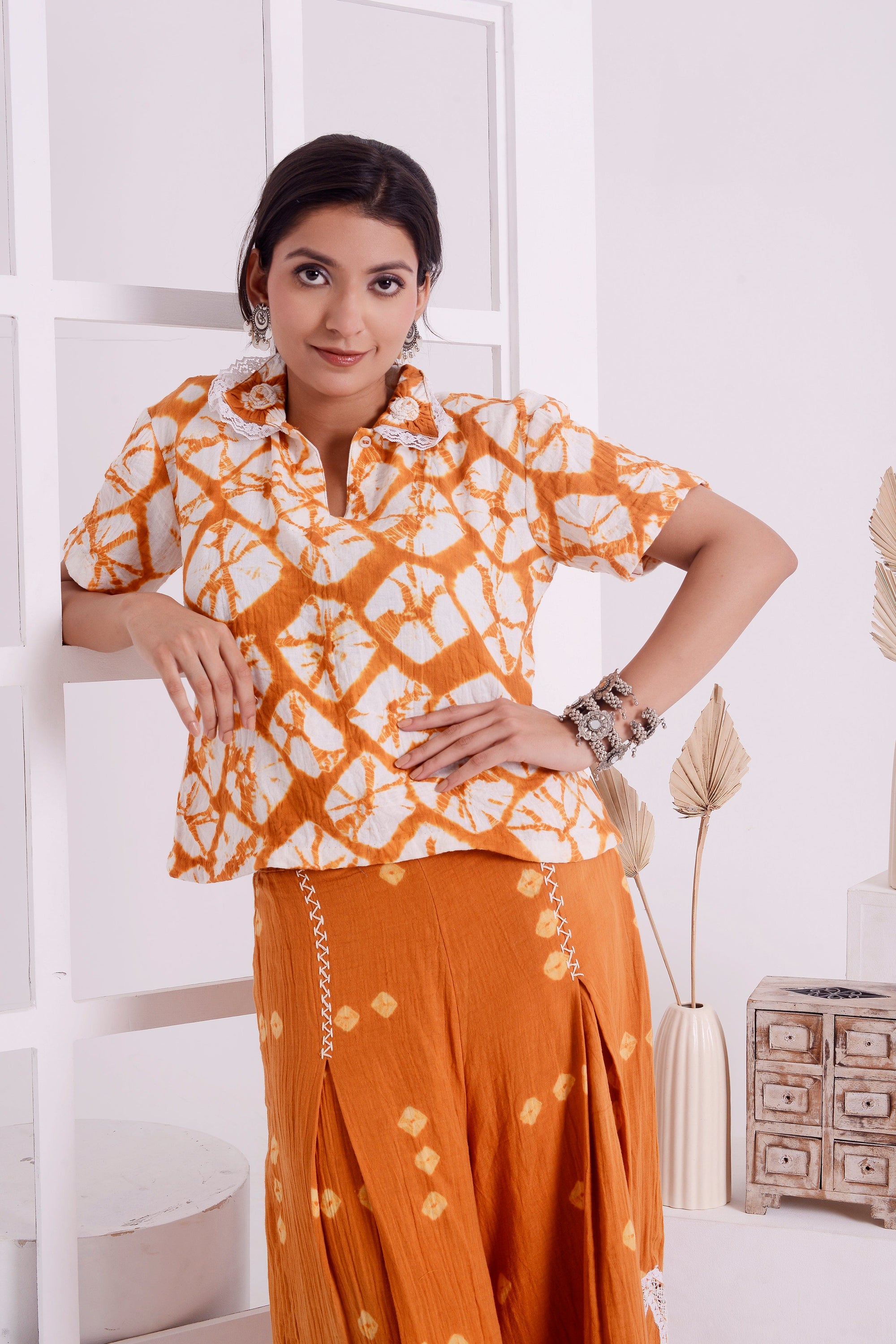 Tie - Dye Co - ord Set - Orange & White - Charkha TalesTie - Dye Co - ord Set - Orange & White