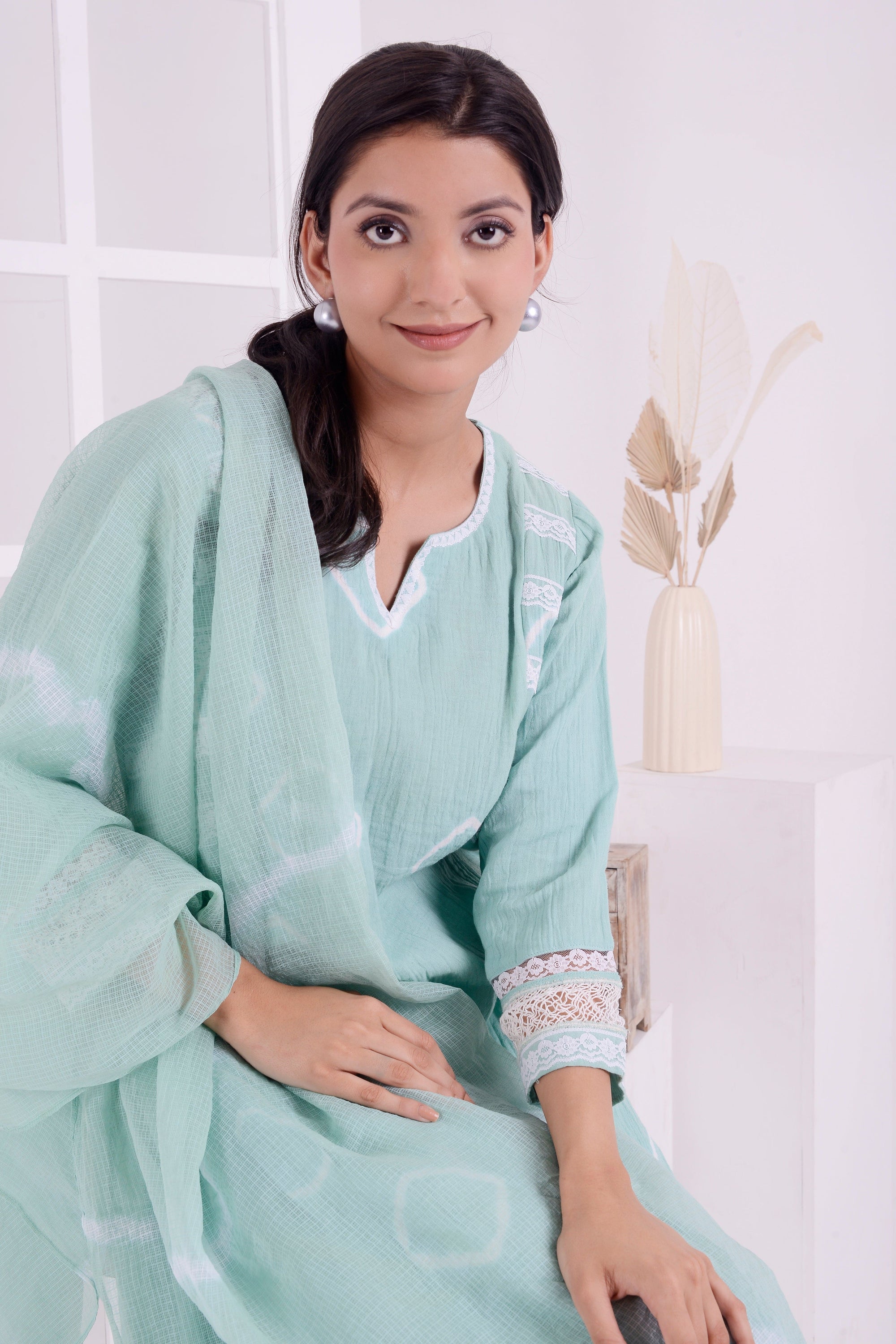 Tie & Dye Kurta Set - Aqua Green - Charkha TalesTie & Dye Kurta Set - Aqua Green