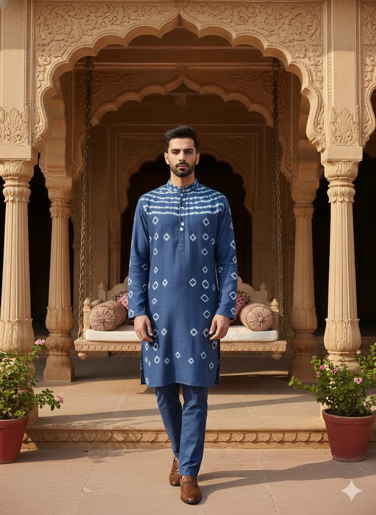 Tie & Dye Men Kurta Set - Blue - Charkha TalesTie & Dye Men Kurta Set - Blue