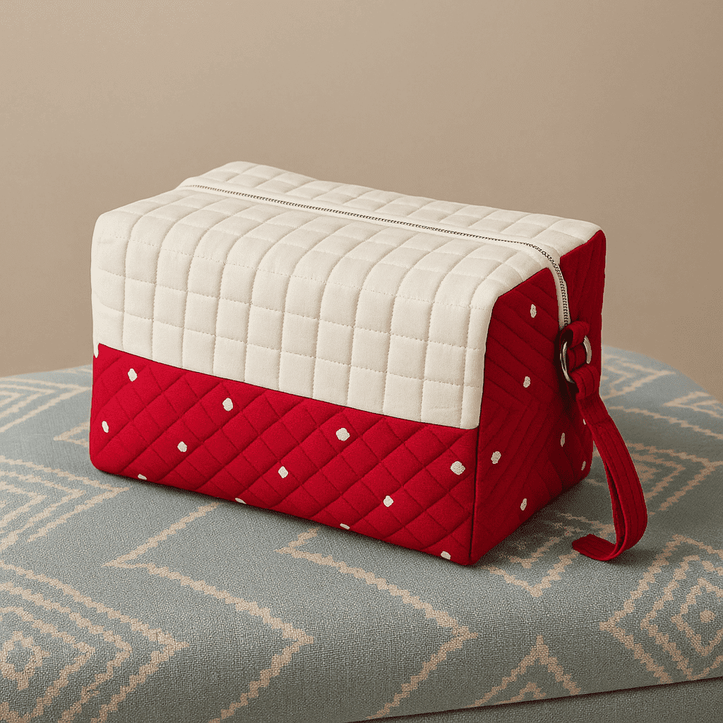 Tie & Dye Quilted Duffle Bag - White & Red - Charkha TalesTie & Dye Quilted Duffle Bag - White & Red