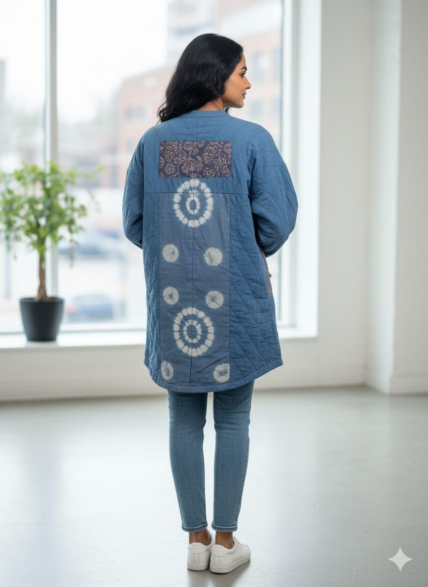 Tie Dye Quilted Women Jacket - Blue - Charkha TalesTie Dye Quilted Women Jacket - Blue