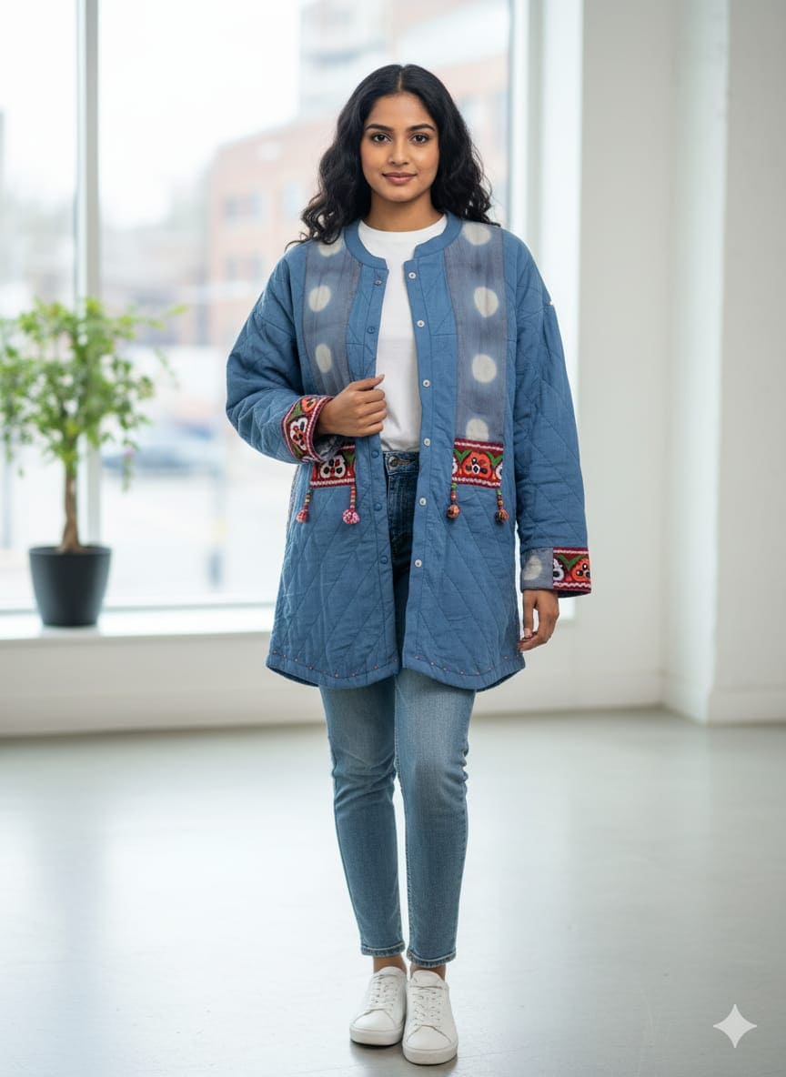 Tie Dye Quilted Women Jacket - Blue - Charkha TalesTie Dye Quilted Women Jacket - Blue
