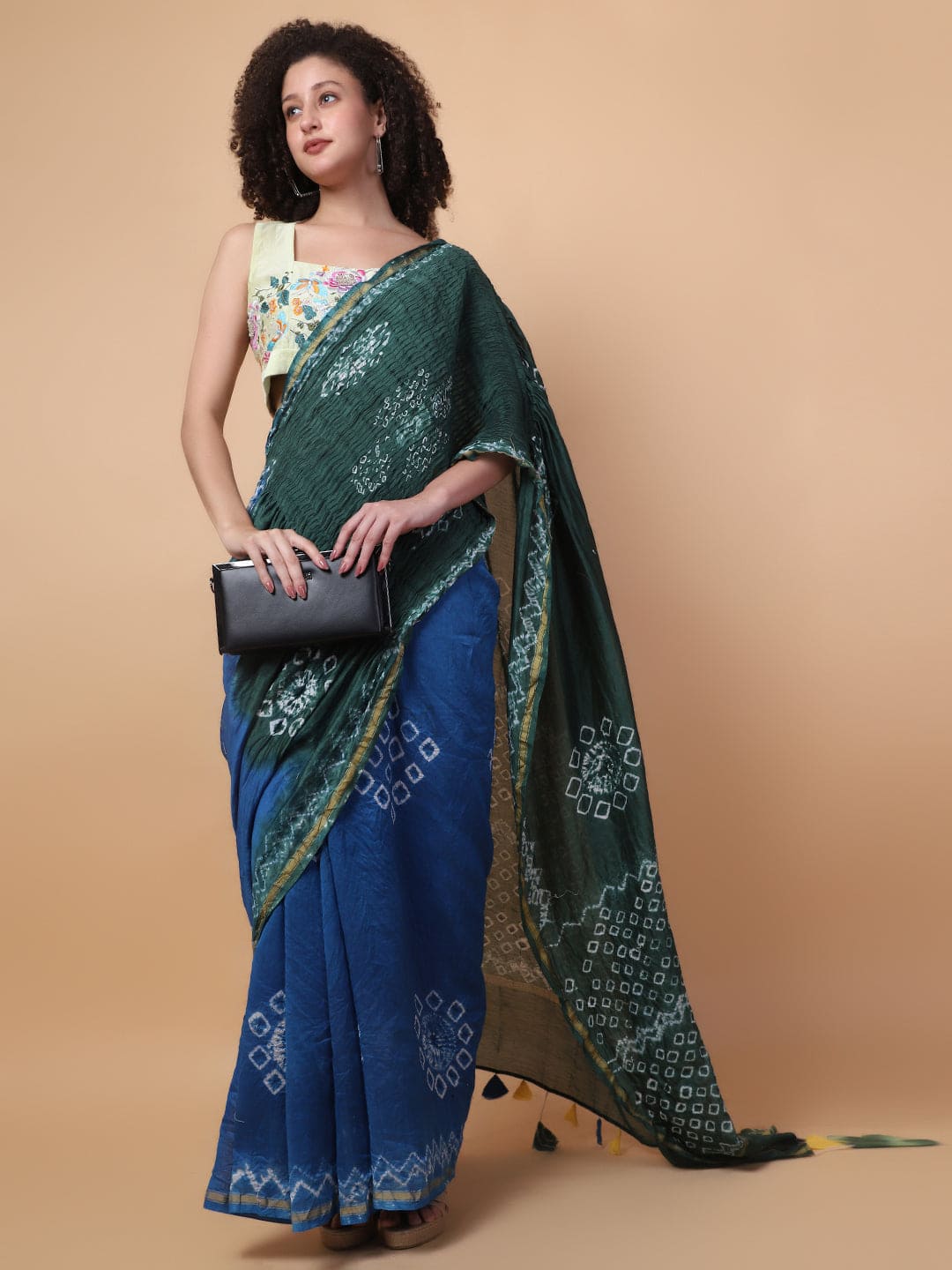 Tie & Dye Saree - Green & Blue - Charkha TalesTie & Dye Saree - Green & Blue