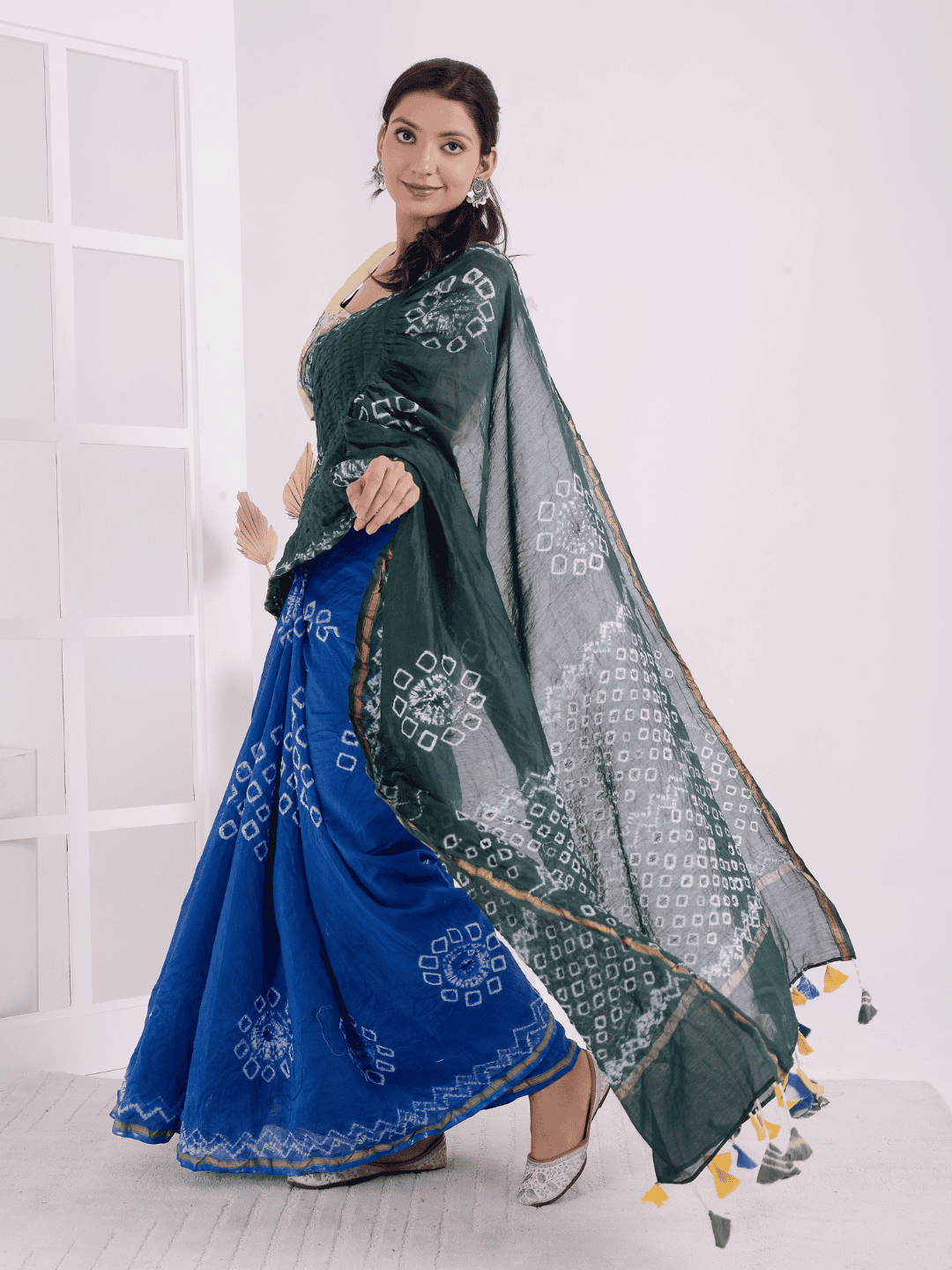 Tie &amp; Dye Saree - Green &amp; Blue - Charkha TalesTie &amp; Dye Saree - Green &amp; Blue