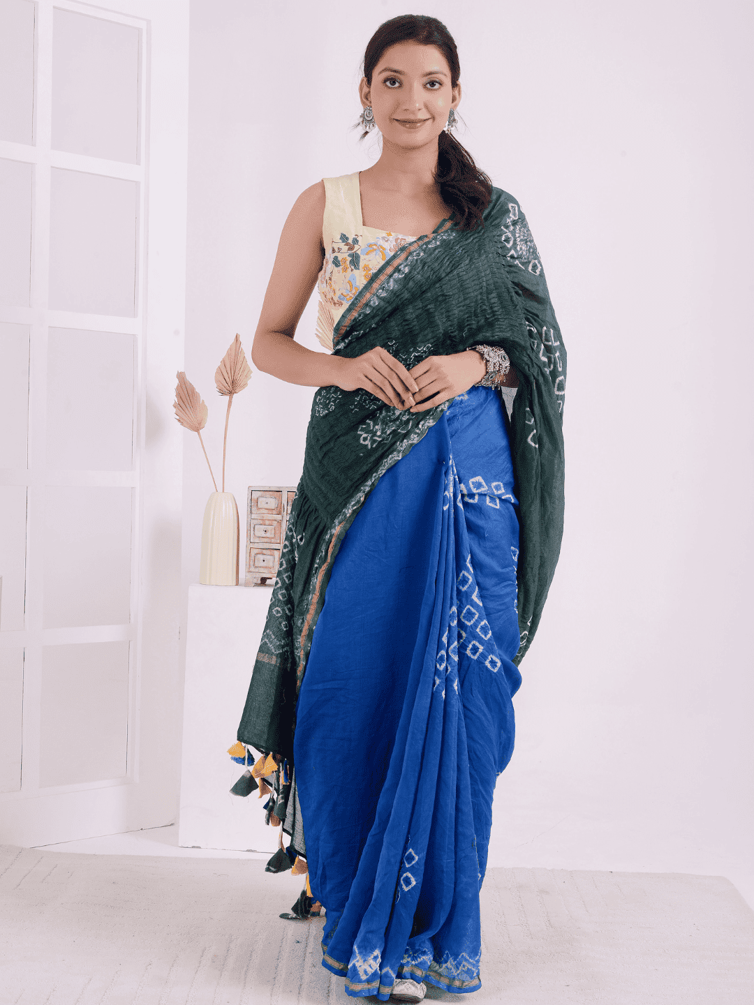 Tie & Dye Saree - Green & Blue - Charkha TalesTie & Dye Saree - Green & Blue