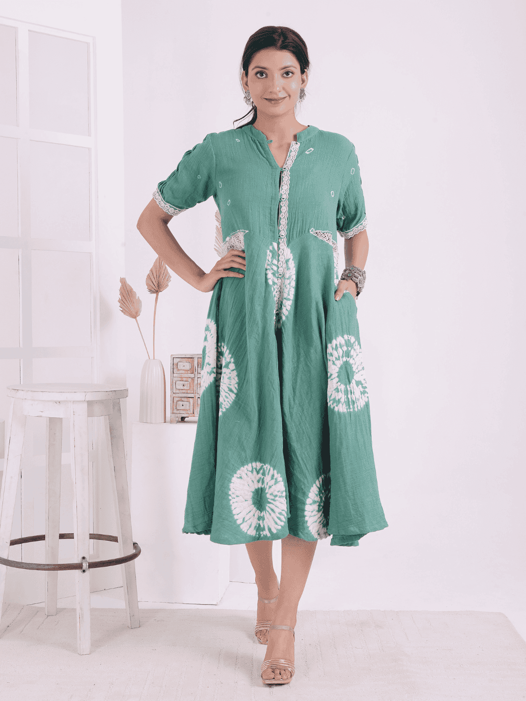 Tie - Dye Women Dress - Green - Charkha TalesTie - Dye Women Dress - Green